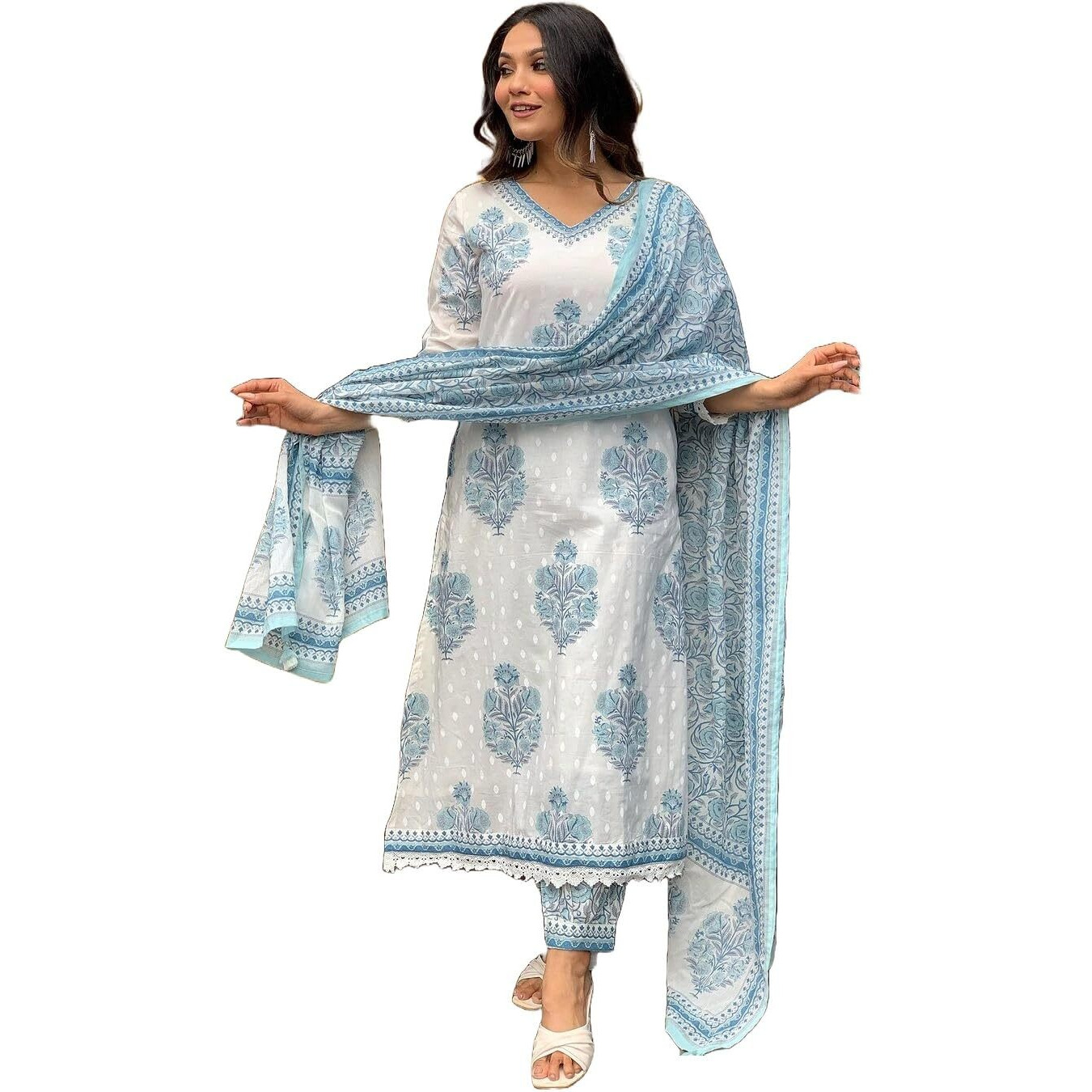 Nermosa Block Printed Kurta set for Women with Dupatta (IN, Alpha, L, White)