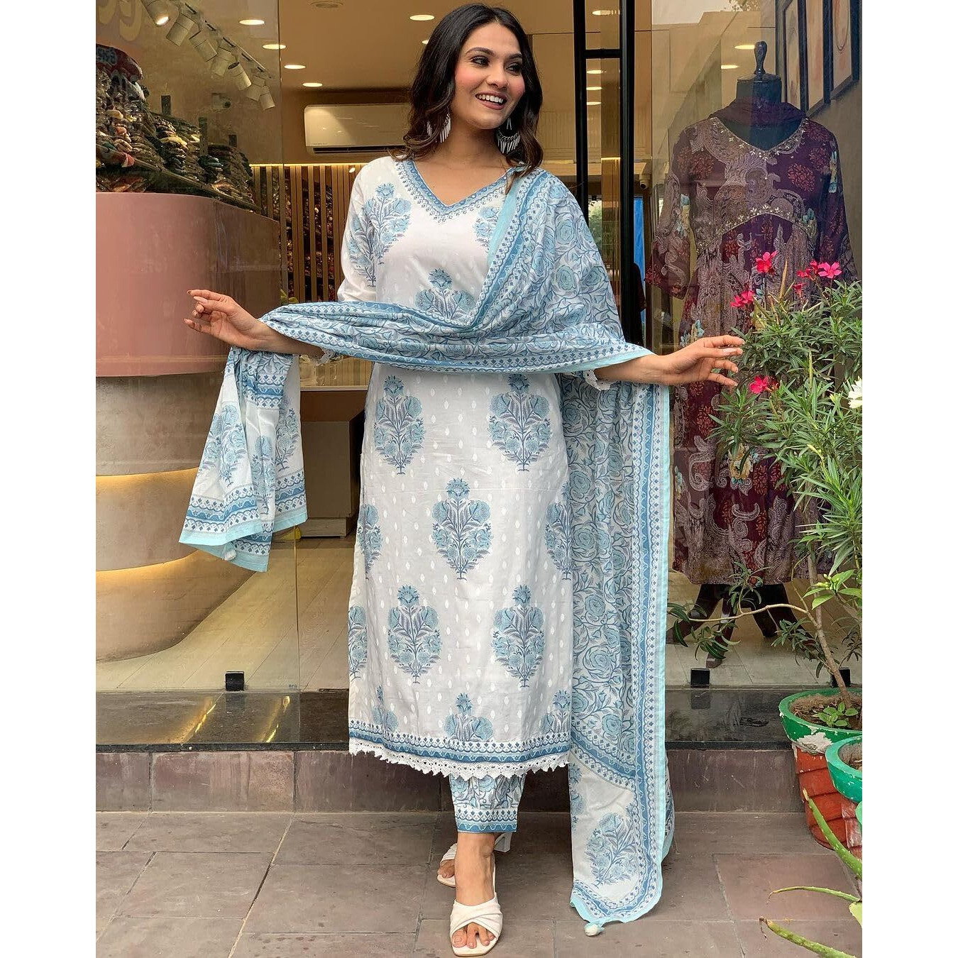 Nermosa Block Printed Kurta set for Women with Dupatta (IN, Alpha, L, White)