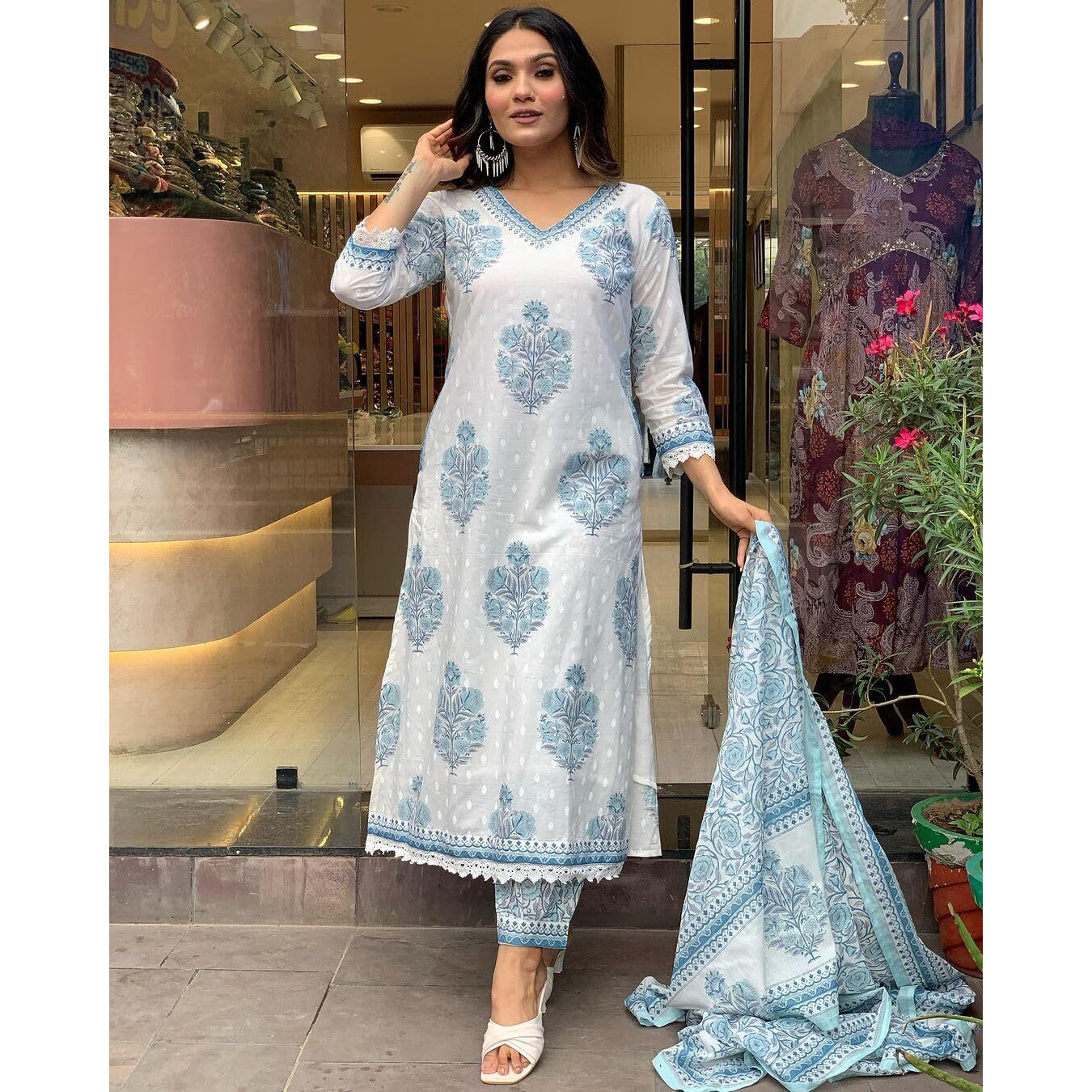 Nermosa Block Printed Kurta set for Women with Dupatta (IN, Alpha, L, White)