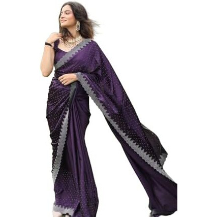 Yashika Women's Hot Fix Solid Purple Color Satin Moss Saree with Unstitched Blouse Material (AZ-YS-OG1-PINTU-Parent