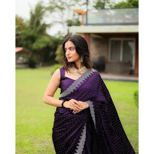 Yashika Women's Hot Fix Solid Purple Color Satin Moss Saree with Unstitched Blouse Material (AZ-YS-OG1-PINTU-Parent