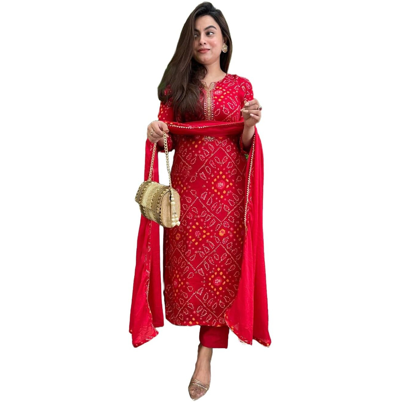GoSriKi Women's Rayon Blend Bandhani Printed Straight Kurta with Pant & Dupatta (TURAE-RED-GS_L_Red_Large)