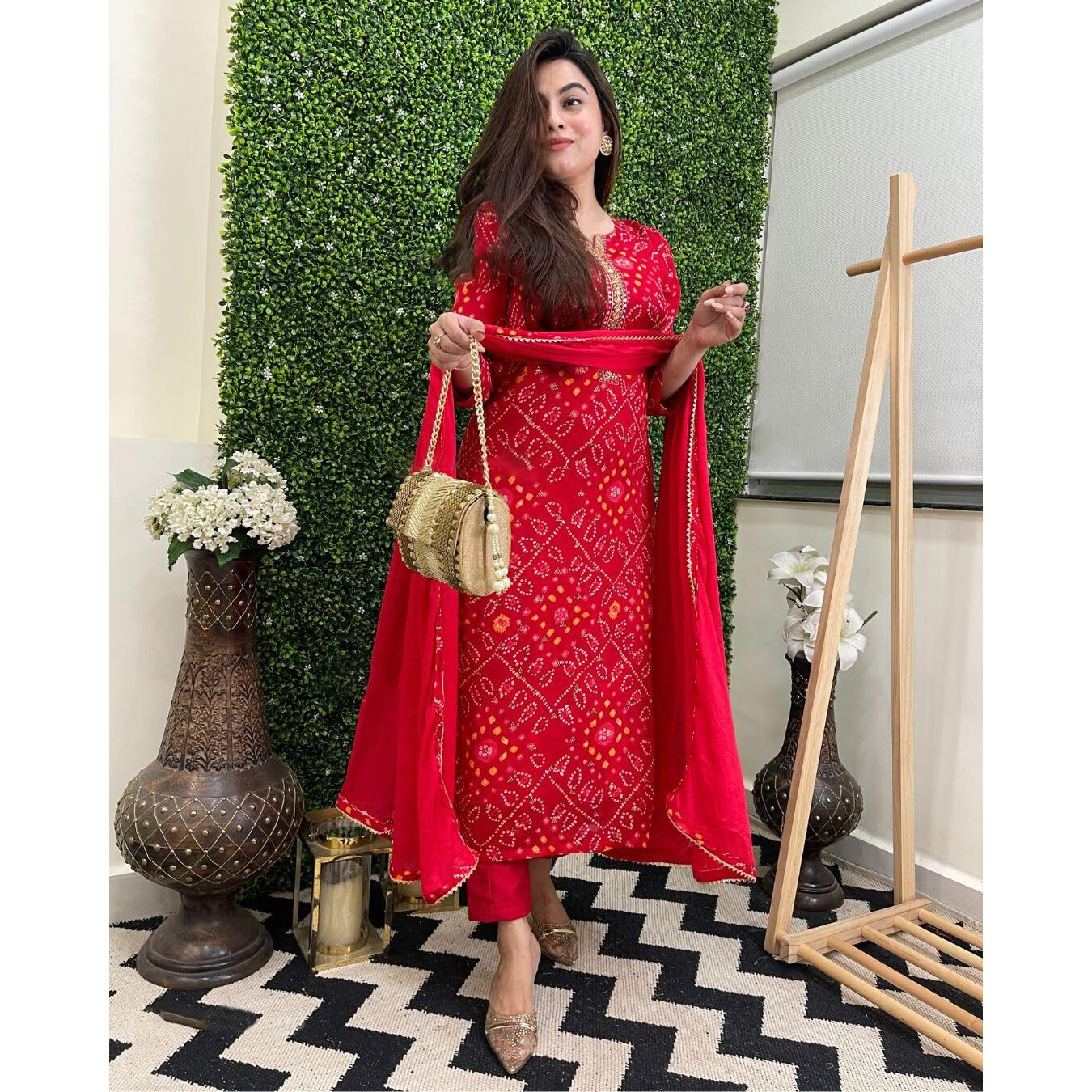 GoSriKi Women's Rayon Blend Bandhani Printed Straight Kurta with Pant & Dupatta (TURAE-RED-GS_L_Red_Large)