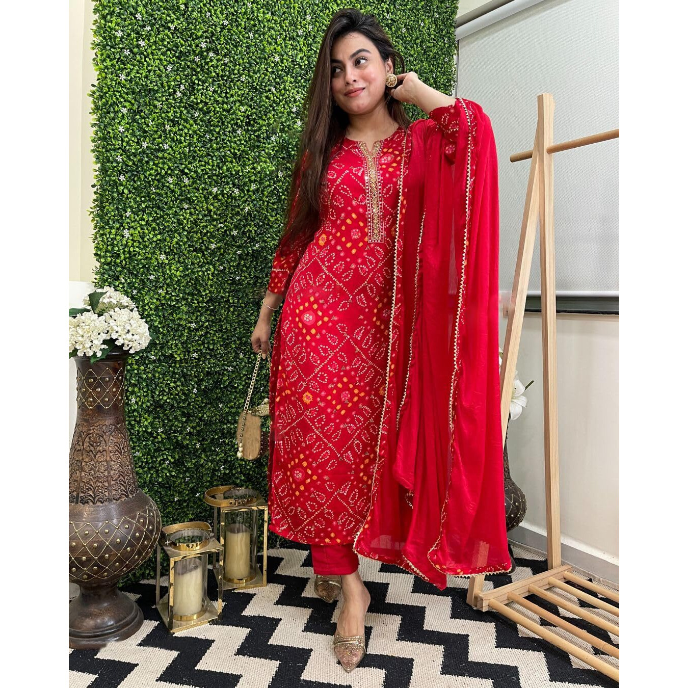 GoSriKi Women's Rayon Blend Bandhani Printed Straight Kurta with Pant & Dupatta (TURAE-RED-GS_L_Red_Large)