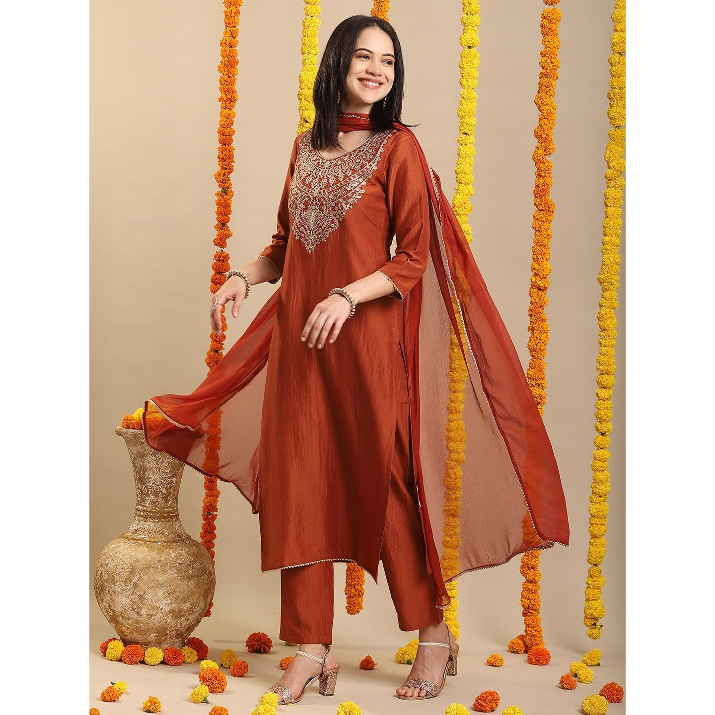 GoSriKi Women's Rayon Blend Straight Embroidered Kurta with Pant & Dupatta (GALPATIYO Mustard-GS_XXL_Mustard_XX-Large)