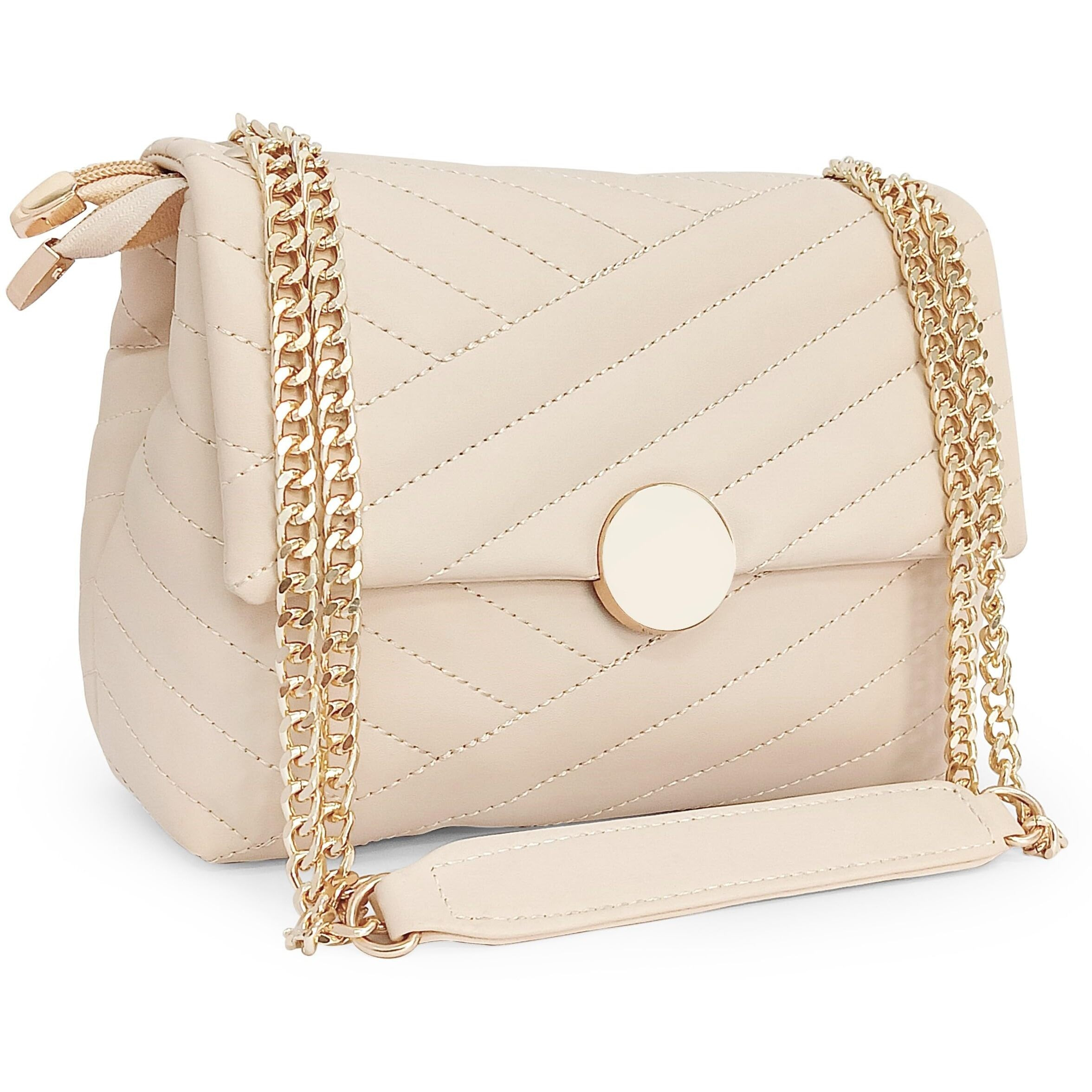 ADISA Women's Girls Quilted Cross Body Sling Bag with Gold Chain (SL5136_Off White)