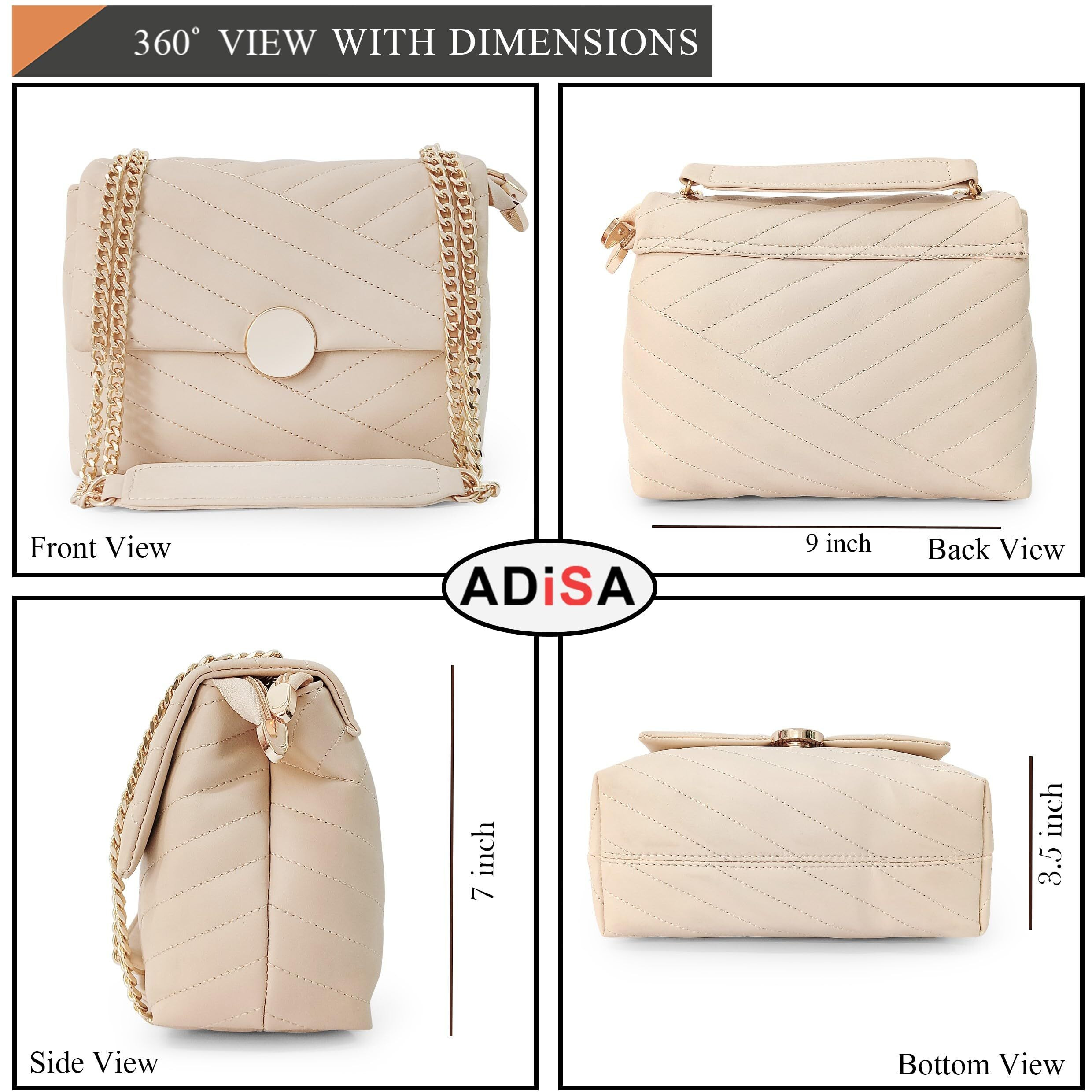 ADISA Women's Girls Quilted Cross Body Sling Bag with Gold Chain (SL5136_Off White)
