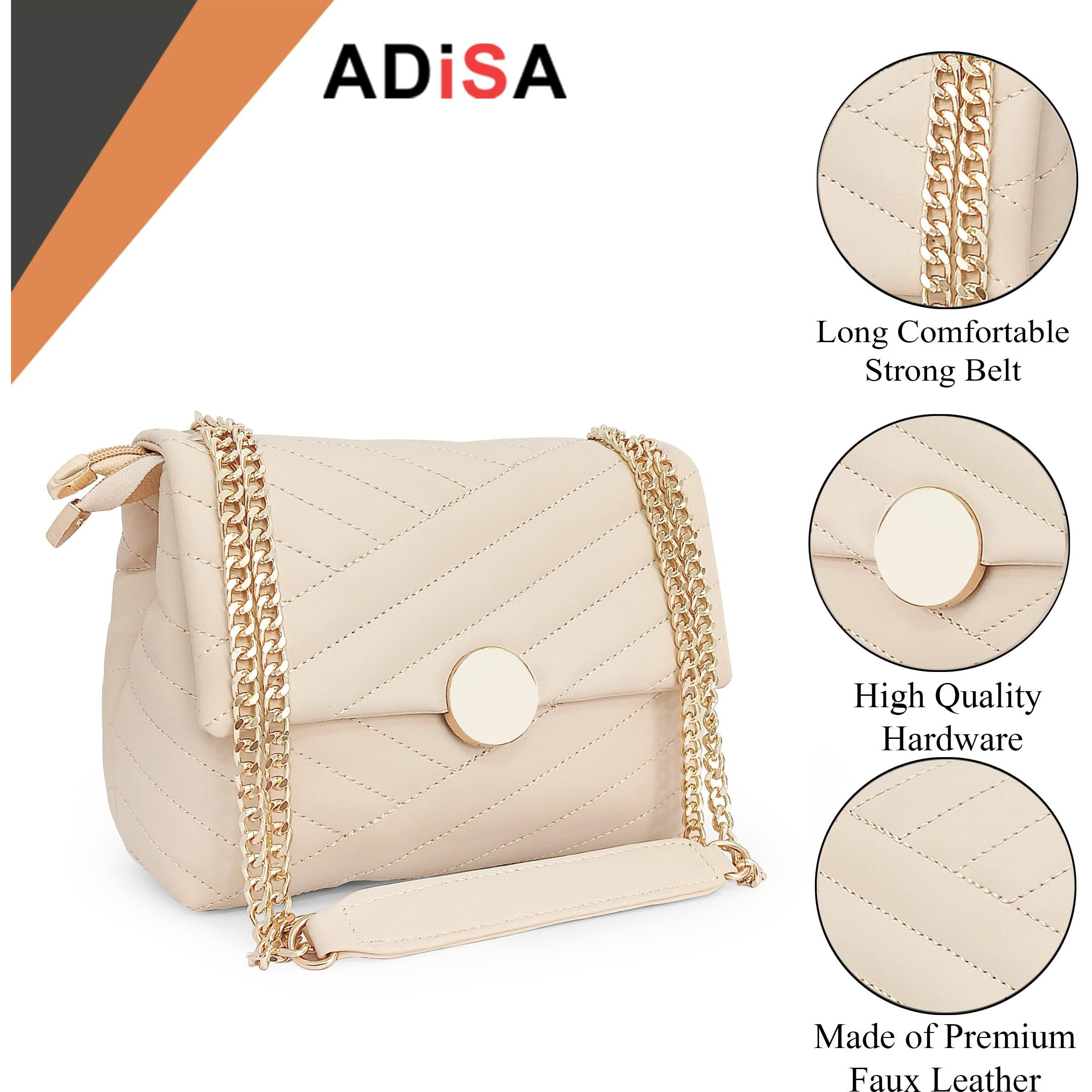 ADISA Women's Girls Quilted Cross Body Sling Bag with Gold Chain (SL5136_Off White)