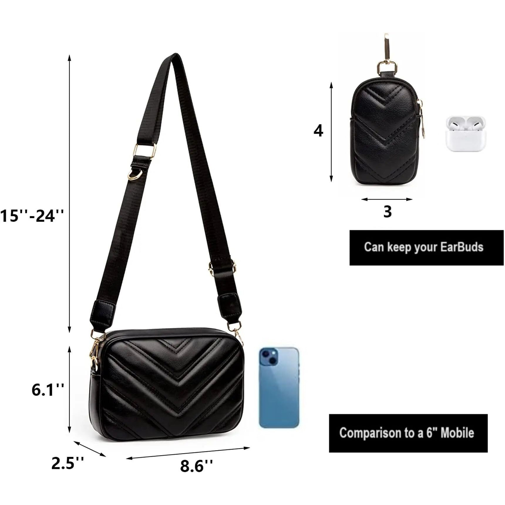 ADISA Women's Girls Cross Body Sling Bag with Pouch (SL5127_Black)
