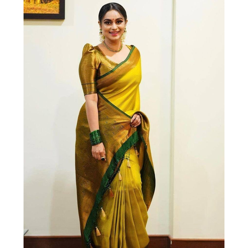 Yashika Women's Fancy Banarasi Kanjivaram Art Silk Saree with Blouse Pieces||Yellow Coloured Kanjivaram Saree|| AZ-YS-OG-YUKTI YELLOW