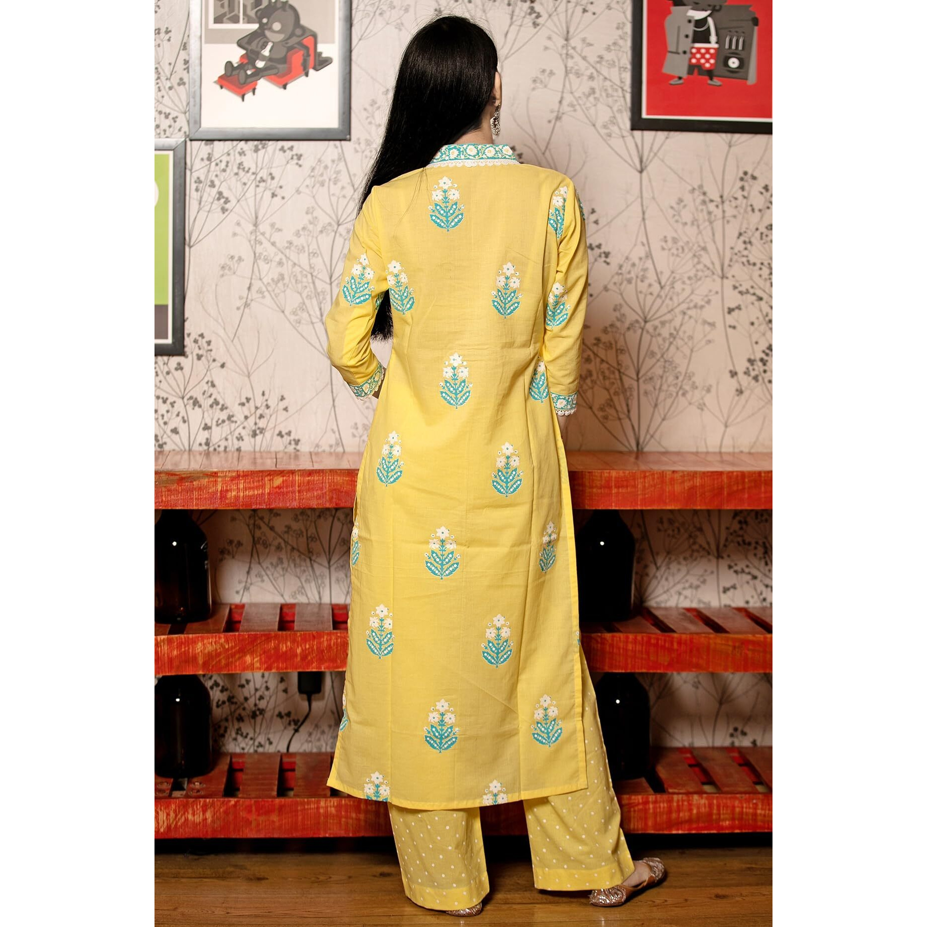 GoSriKi Women's Cotton Blend Straight Hand Block Printed Kurta with Pant & Dupatta (Belagavi Mustard-GS_XL_Mustard_X-Large)