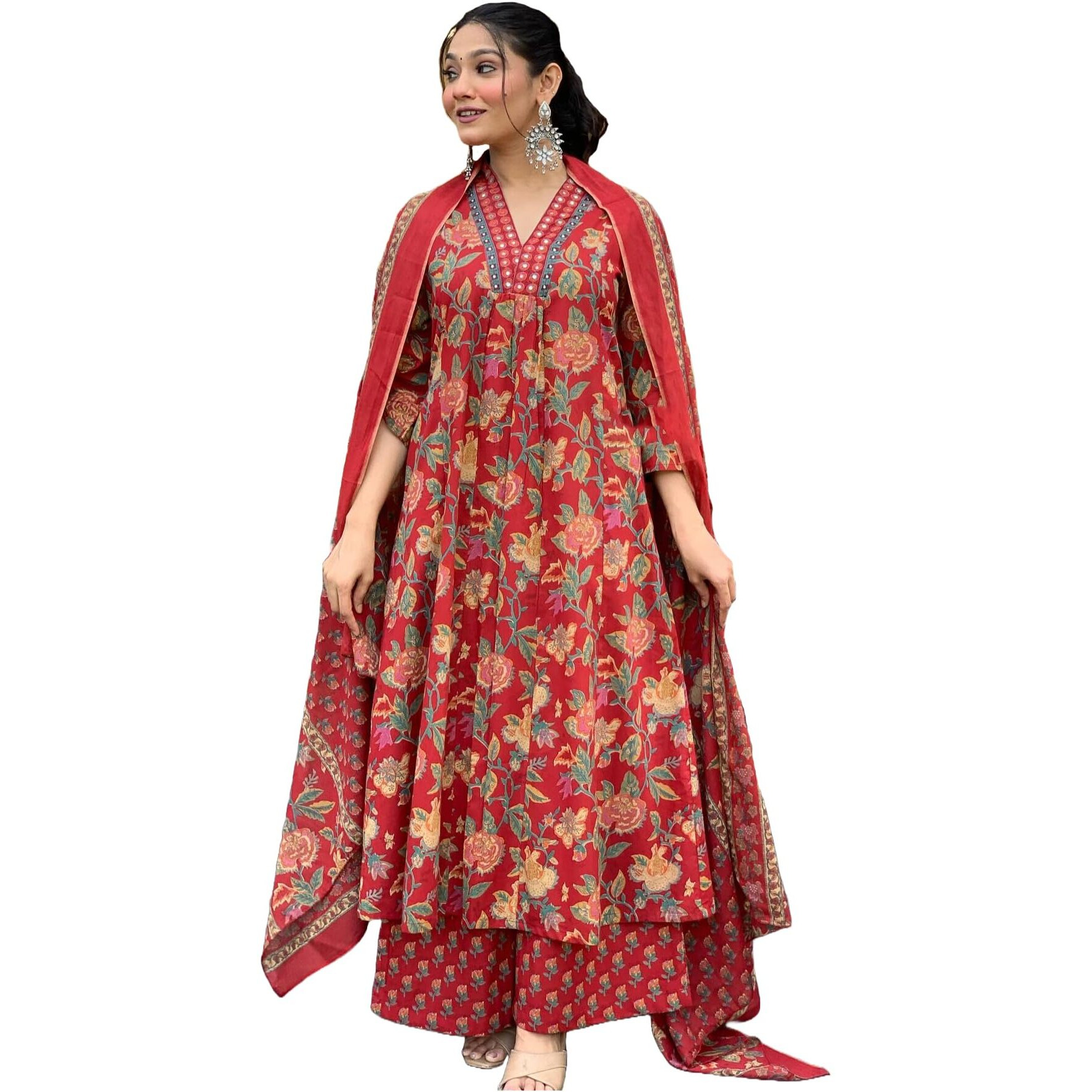GoSriKi Women's Rayon Blend Anarkali Printed Kurta with Palazzo & Dupatta (CIA RED-GS_M_Red_Medium)