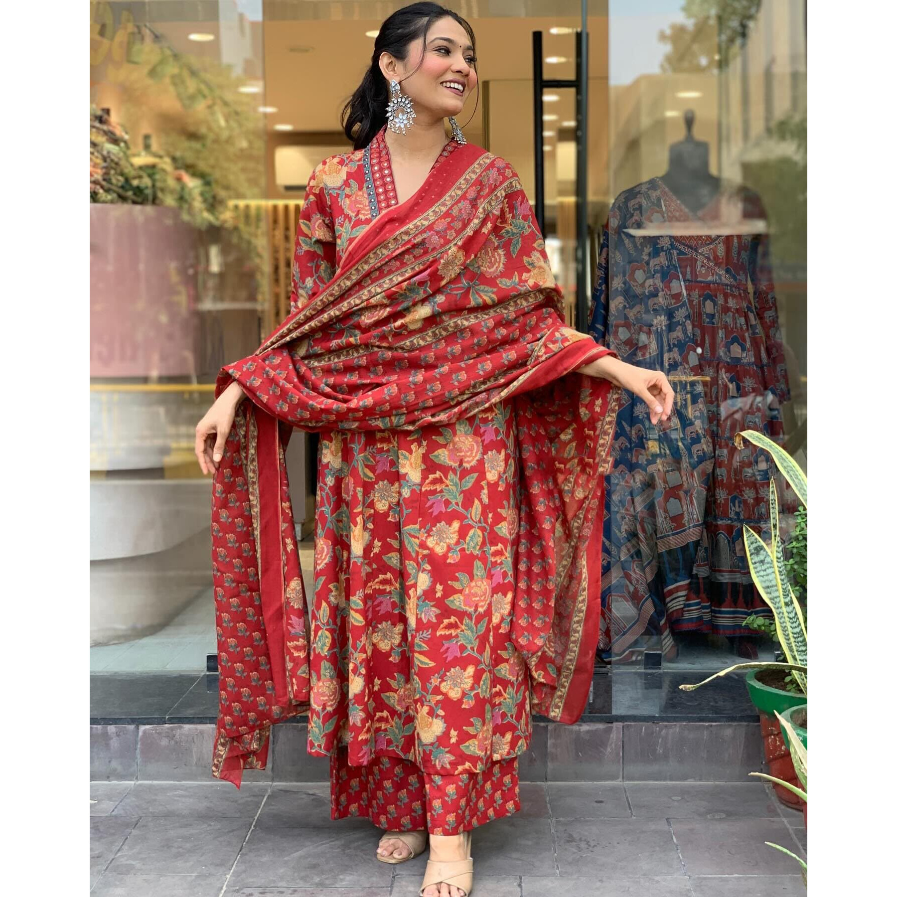 GoSriKi Women's Rayon Blend Anarkali Printed Kurta with Palazzo & Dupatta (CIA RED-GS_M_Red_Medium)