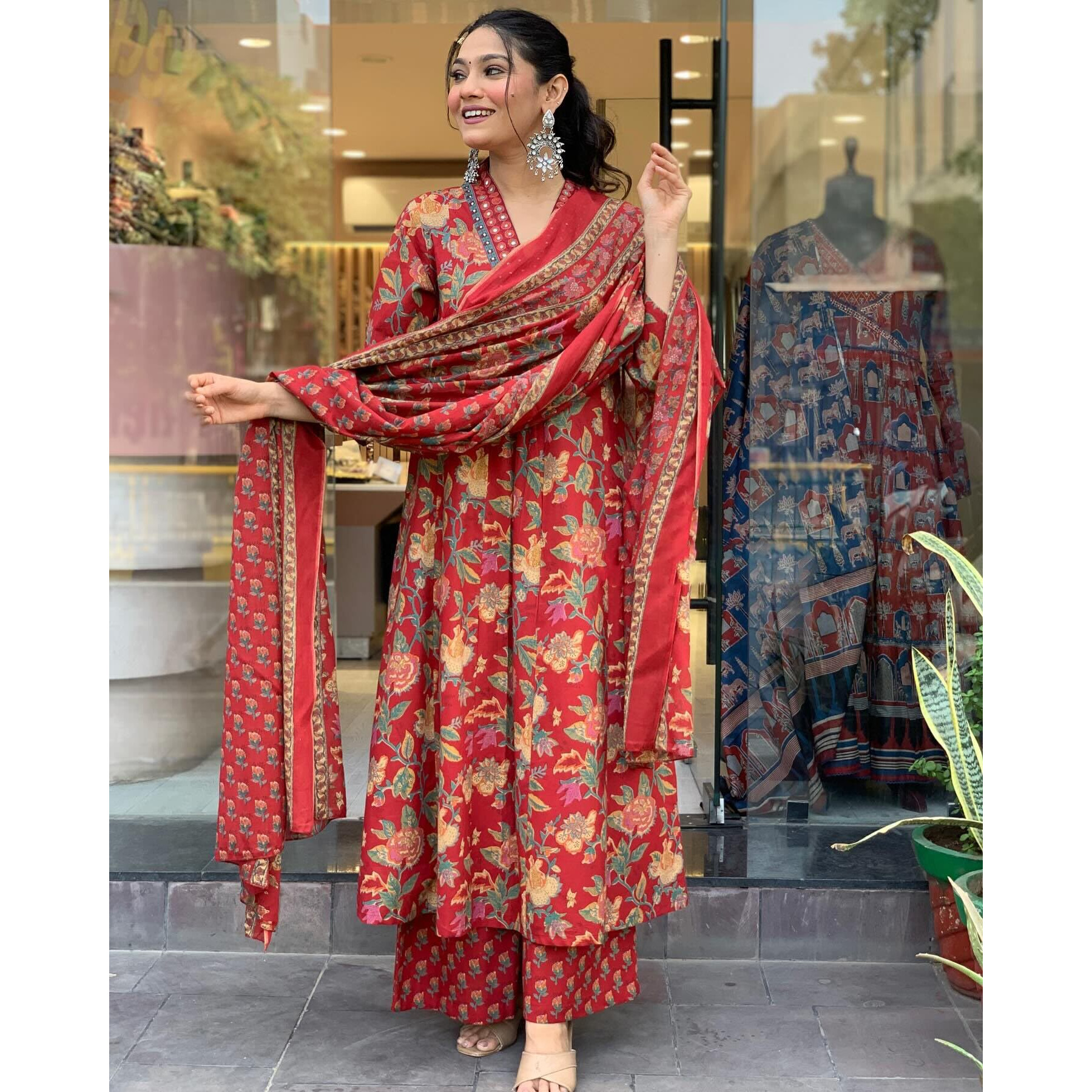 GoSriKi Women's Rayon Blend Anarkali Printed Kurta with Palazzo & Dupatta (CIA RED-GS_M_Red_Medium)