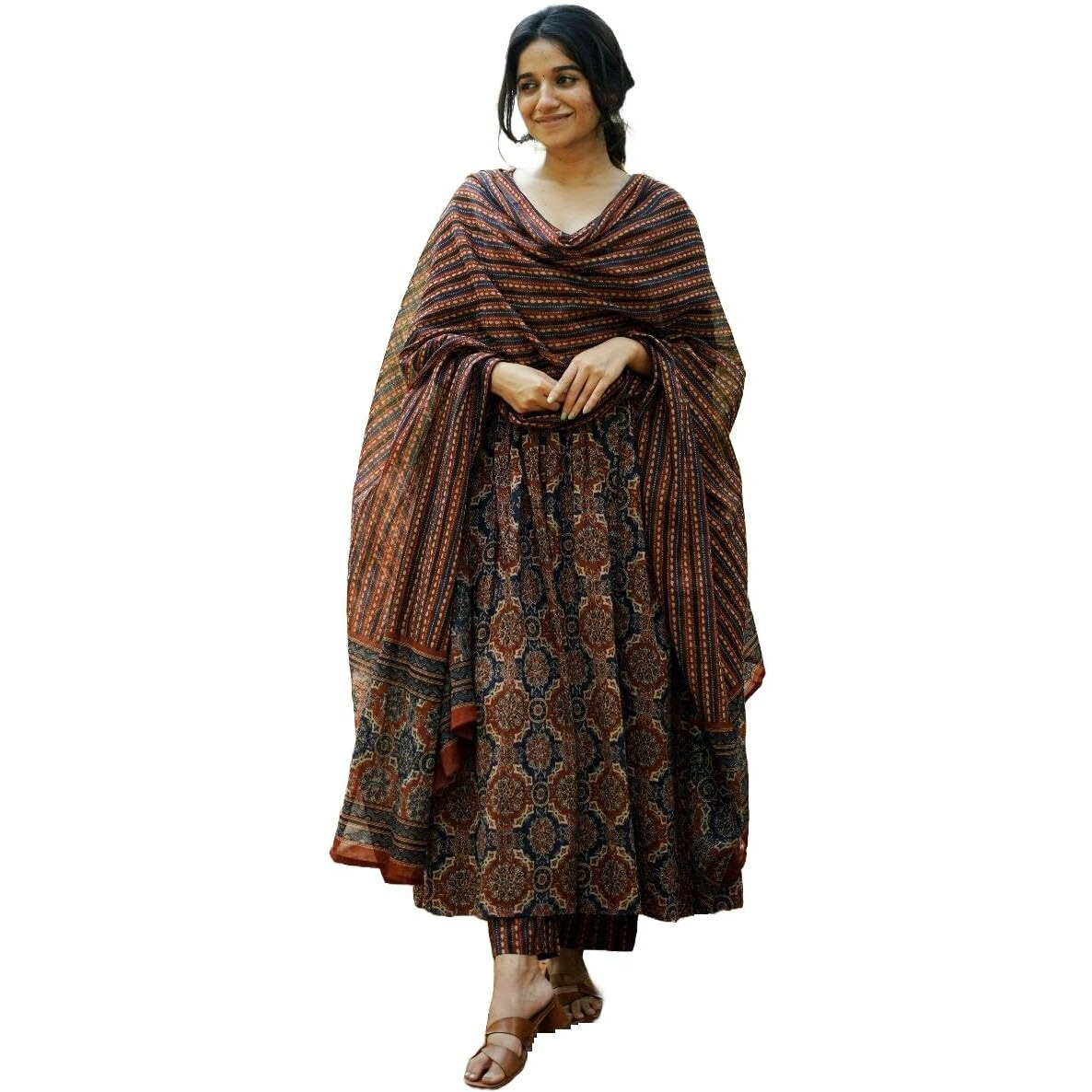 KLOSIA Women Printed Flared A-Line Kurta with Pant and Dupatta Suit Set | Kurta Set | Wedding Suit (Medium) Brown