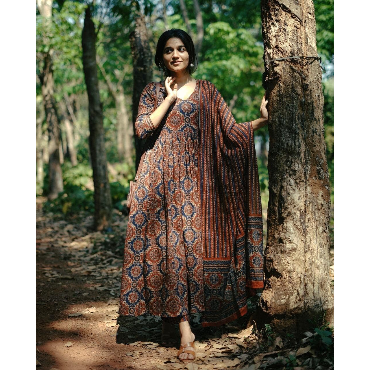 KLOSIA Women Printed Flared A-Line Kurta with Pant and Dupatta Suit Set | Kurta Set | Wedding Suit (Medium) Brown