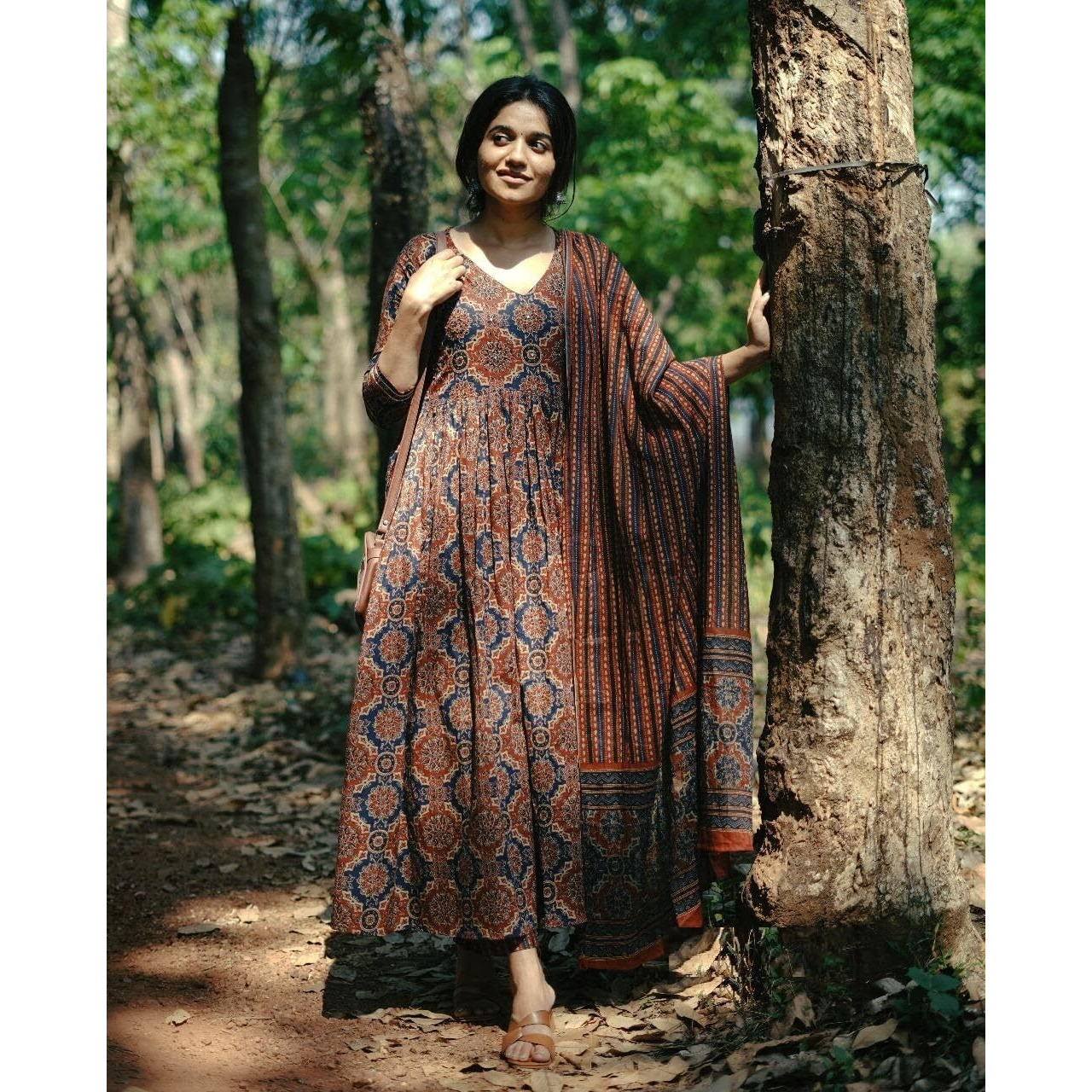 KLOSIA Women Printed Flared A-Line Kurta with Pant and Dupatta Suit Set | Kurta Set | Wedding Suit (Medium) Brown