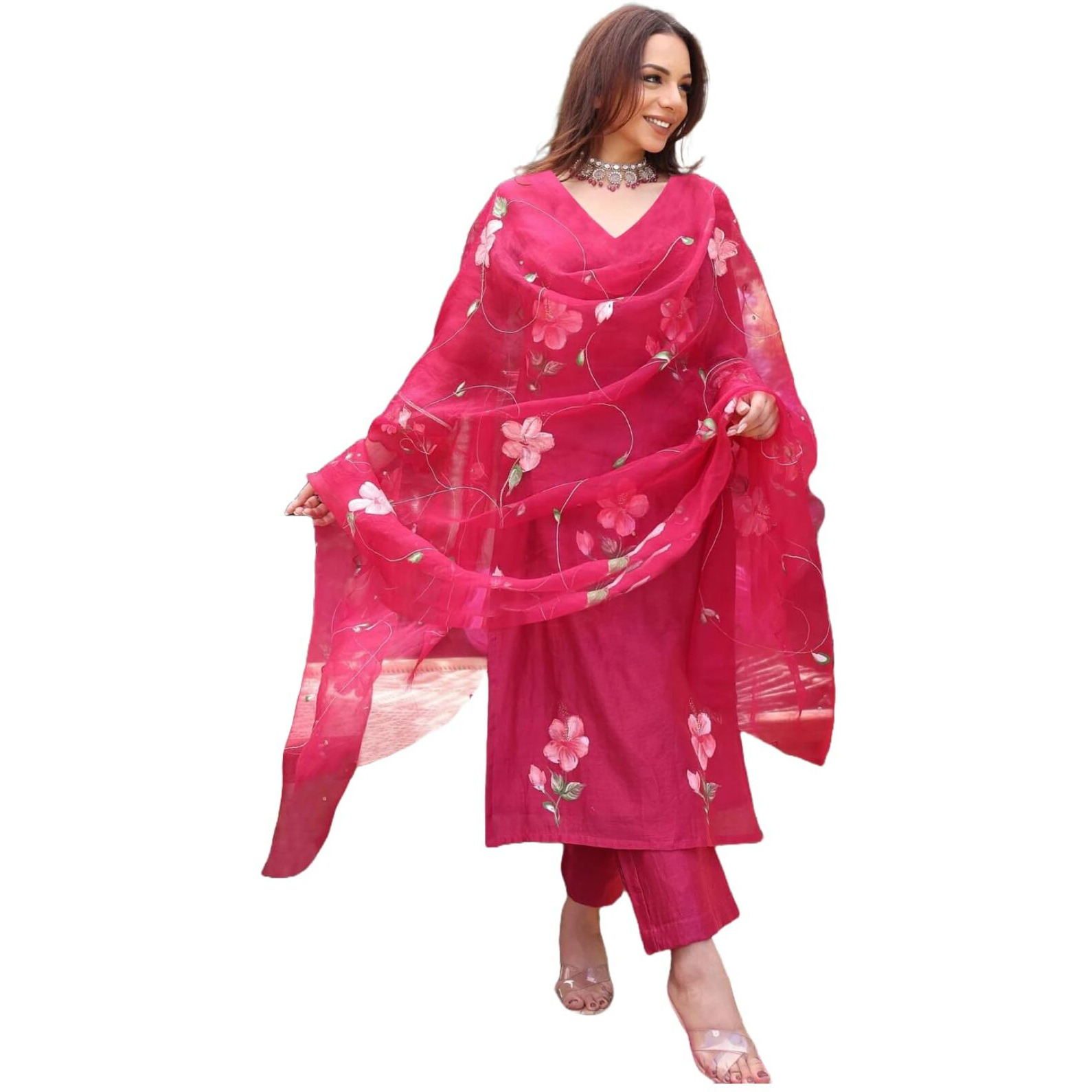 ANNI DESIGNER Women's Rayon Blend Straight Printed Kurta with Pant & Dupatta (ROKA Rani_M_Pink_Medium)