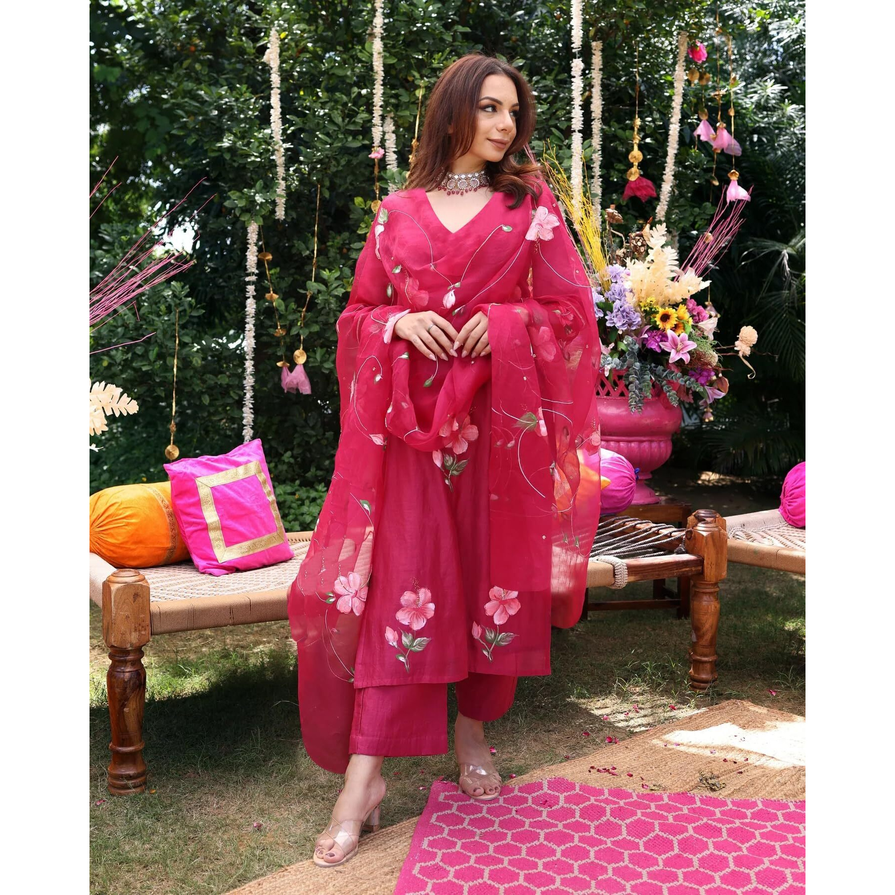 ANNI DESIGNER Women's Rayon Blend Straight Printed Kurta with Pant & Dupatta (ROKA Rani_M_Pink_Medium)