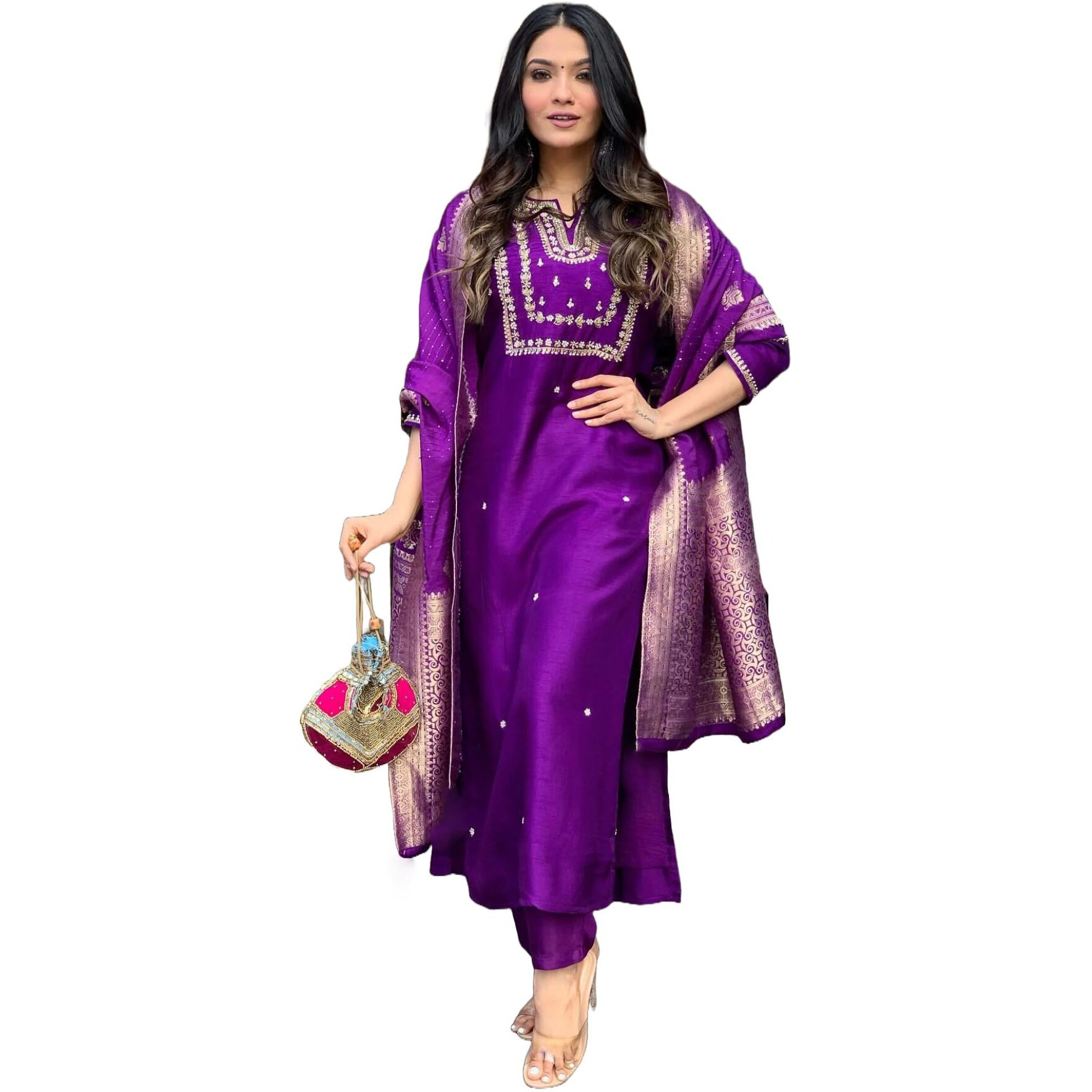 GoSriKi Women's Silk Blend Straight Embroidered Kurta with Pant & Dupatta (MANUSHI BEGANI-GS_5XL_Begani_XXXXX-Large)