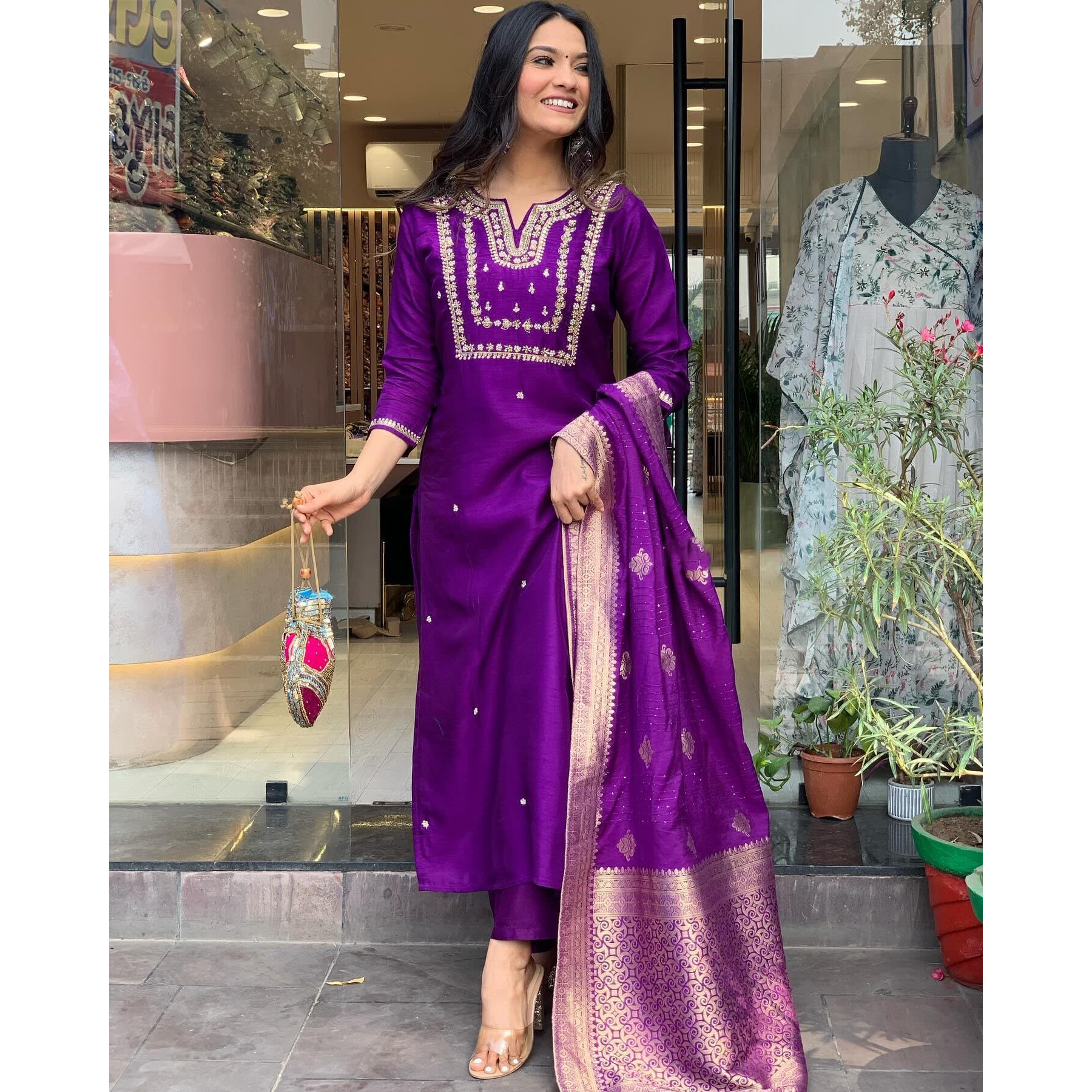 GoSriKi Women's Silk Blend Straight Embroidered Kurta with Pant & Dupatta (MANUSHI BEGANI-GS_5XL_Begani_XXXXX-Large)