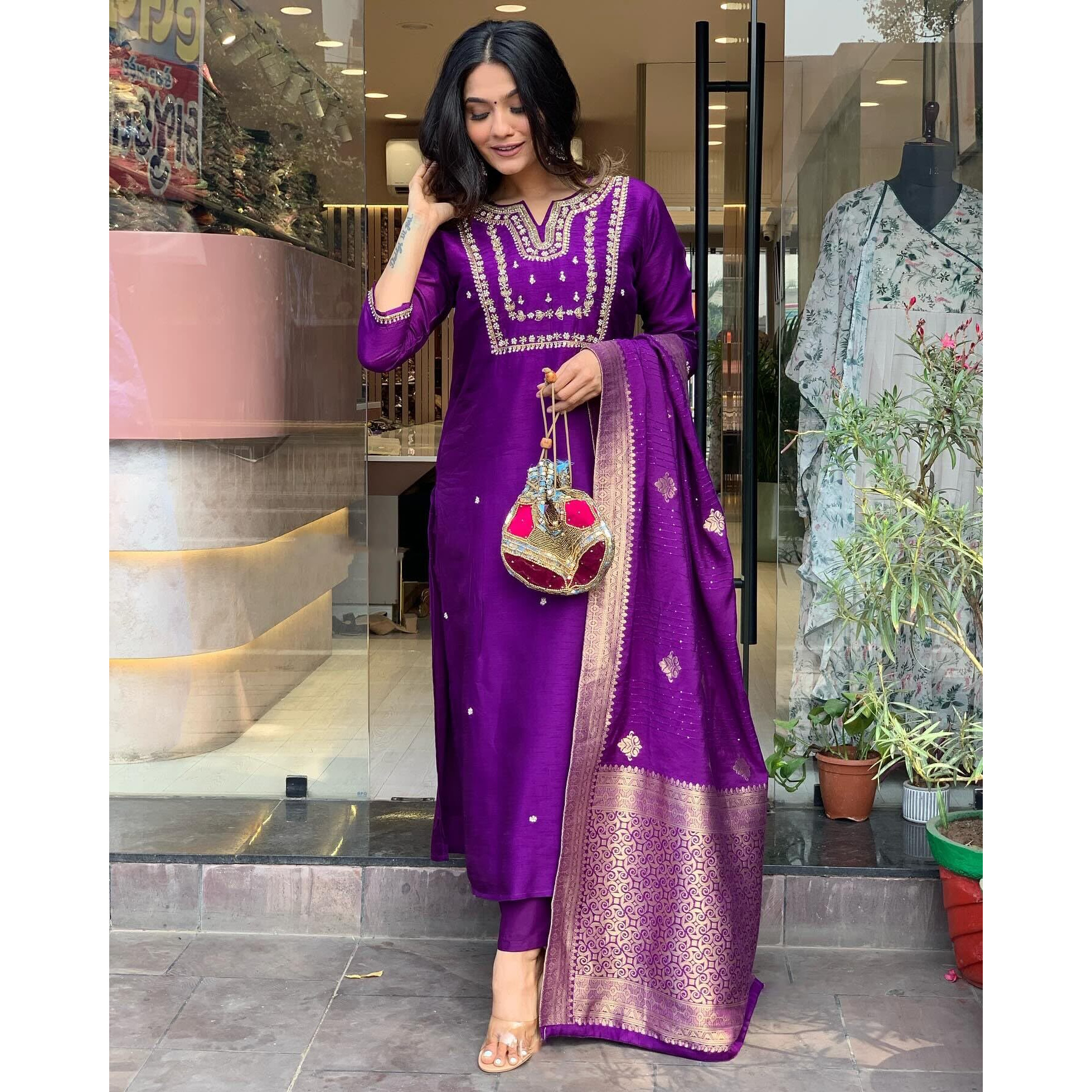 GoSriKi Women's Silk Blend Straight Embroidered Kurta with Pant & Dupatta (MANUSHI BEGANI-GS_5XL_Begani_XXXXX-Large)