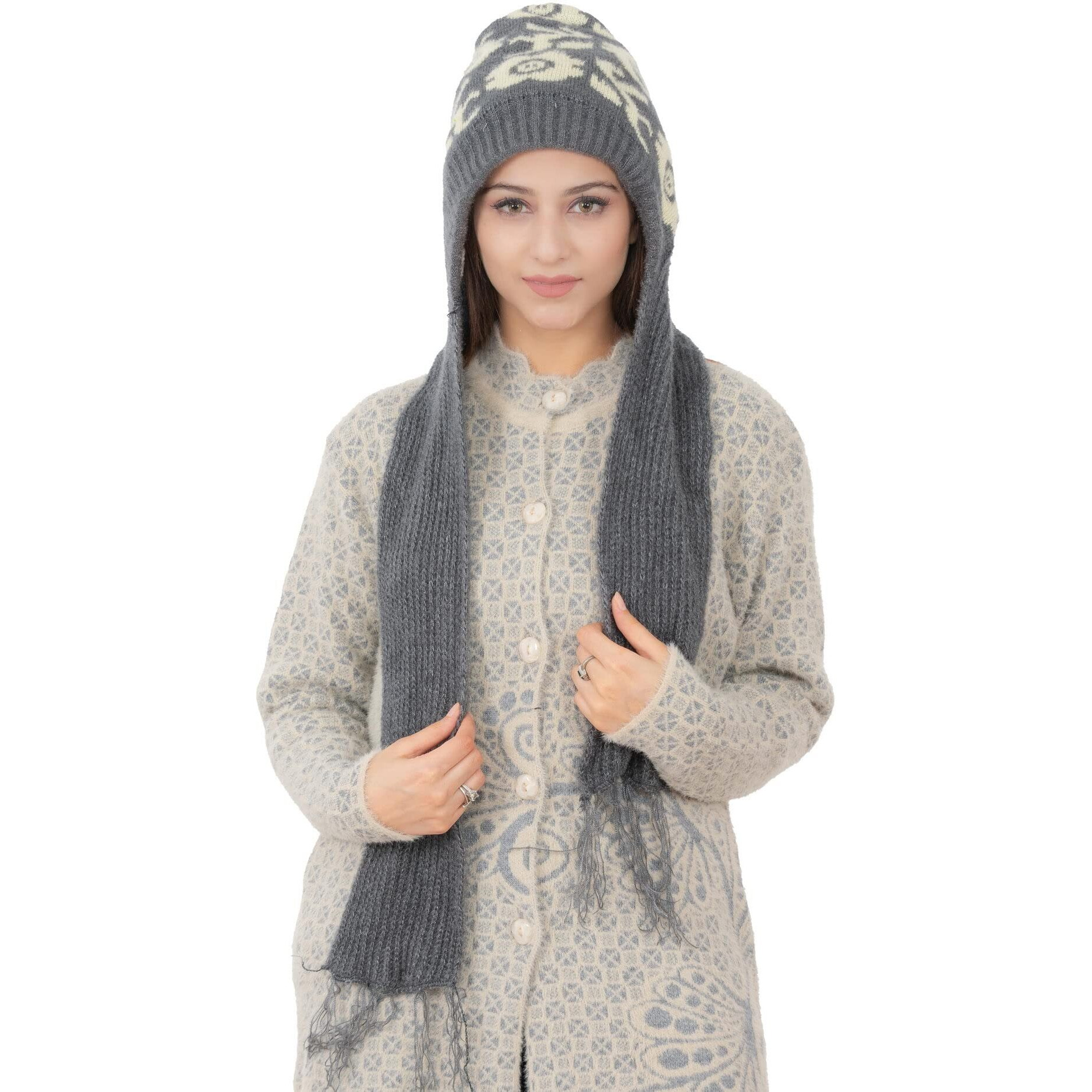 AMOLDO Women's Wool Blend Cap with Muffler (Cap -122_Grey_Free Size)