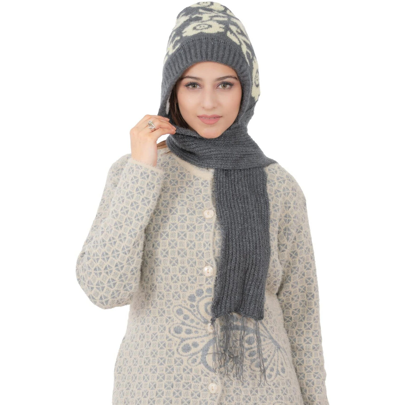 AMOLDO Women's Wool Blend Cap with Muffler (Cap -122_Grey_Free Size)