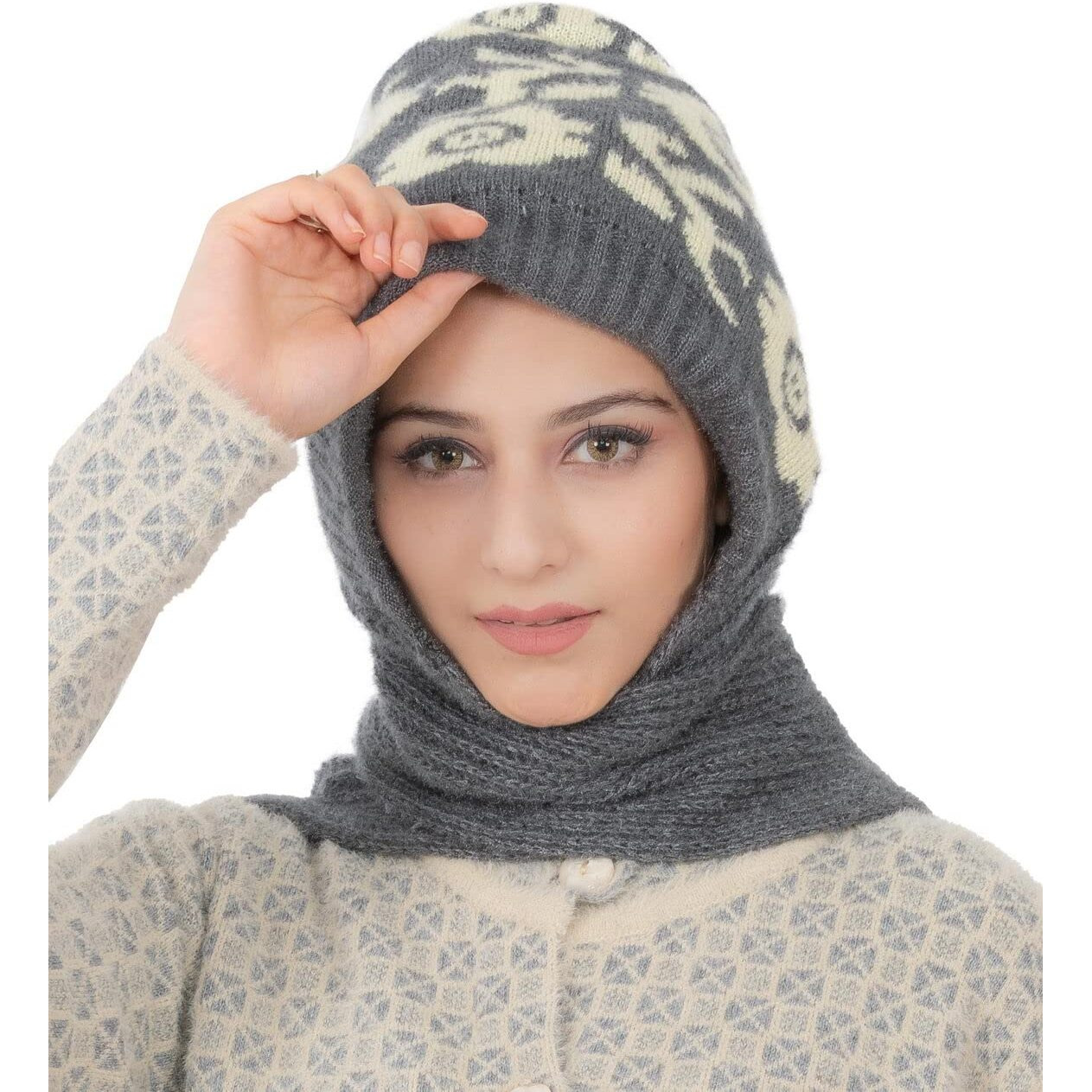 AMOLDO Women's Wool Blend Cap with Muffler (Cap -122_Grey_Free Size)