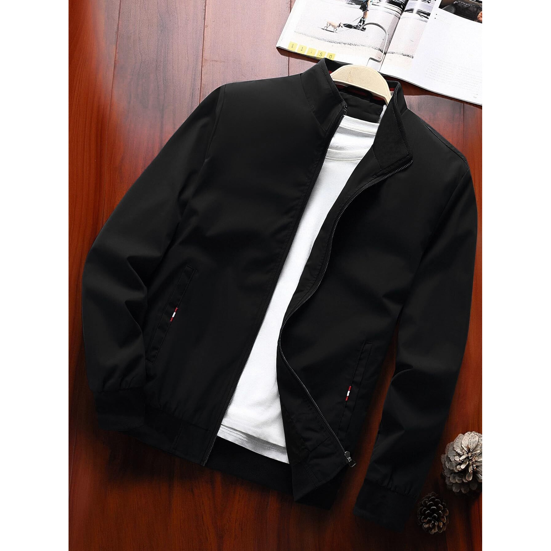 TAGAS Polyester Men's Standard Length Bomber Jacket(Mj-9015-Black-Medium_Black)