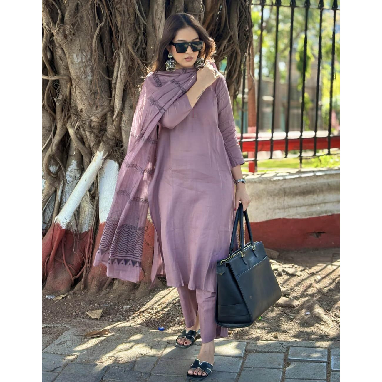 GoSriKi Women's Rayon Blend Straight Solid Kurta with Pant & Dupatta (Raja Saab Purple-VKS01-GS_S_Purple_Small)