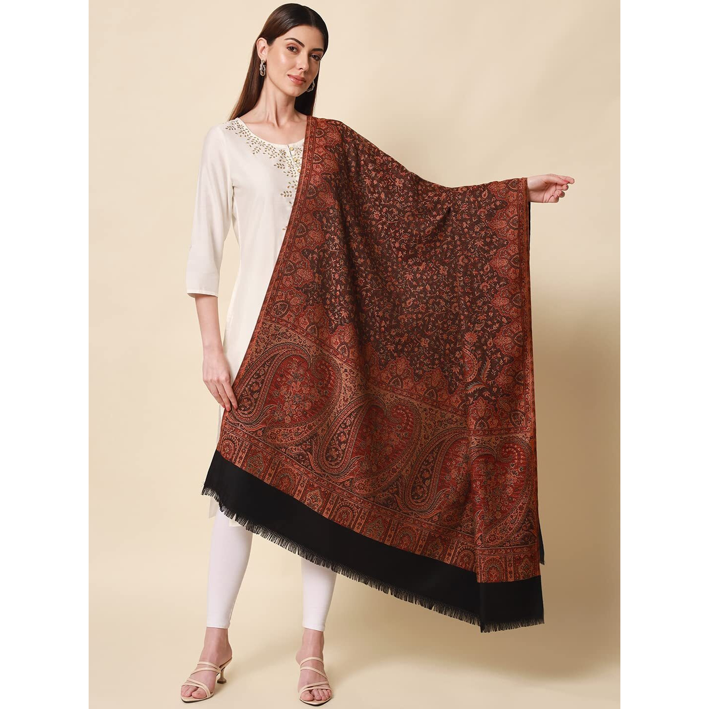 Pashmoda- Women's Faux Pashmina Jamawar Shawl, Wrap (SIZE 40X80 Inches) (Black)