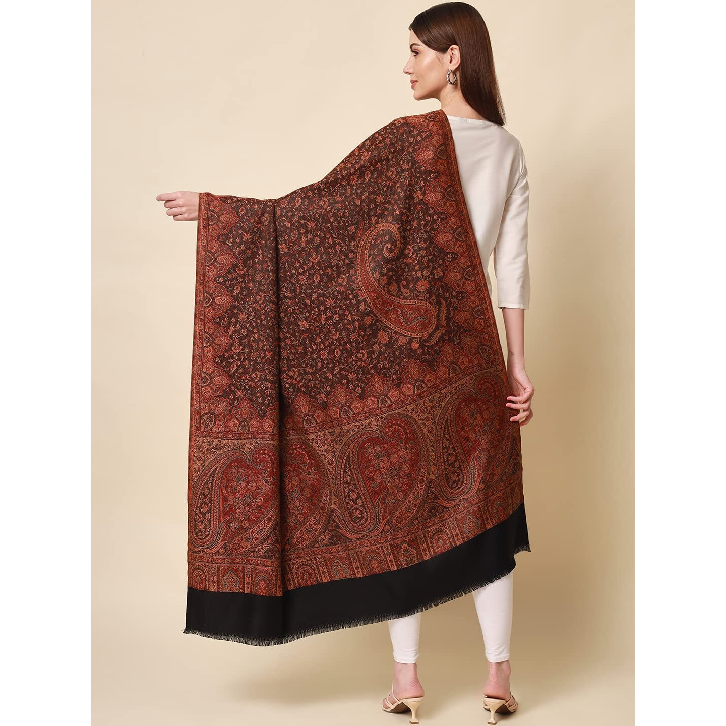 Pashmoda- Women's Faux Pashmina Jamawar Shawl, Wrap (SIZE 40X80 Inches) (Black)