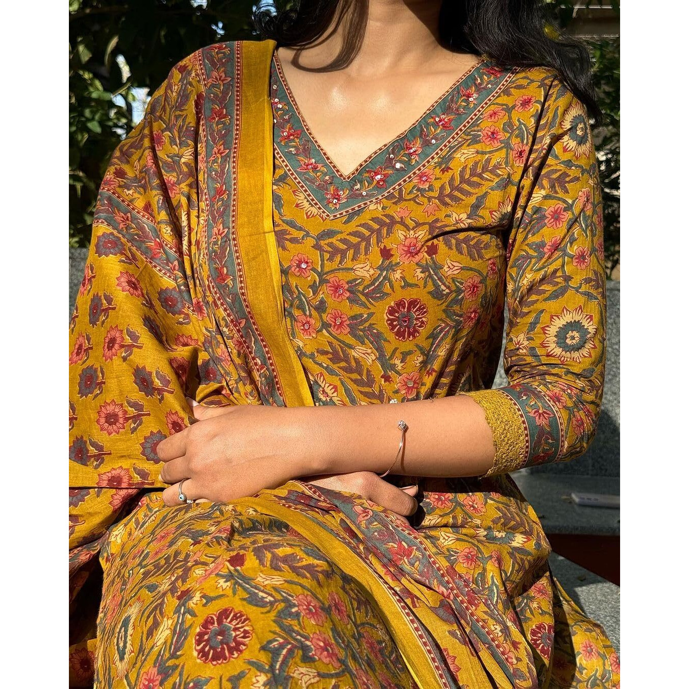 KLOSIA Women Printed Kurta and Pant Set with Dupatta (X-Large) Mustard Yellow
