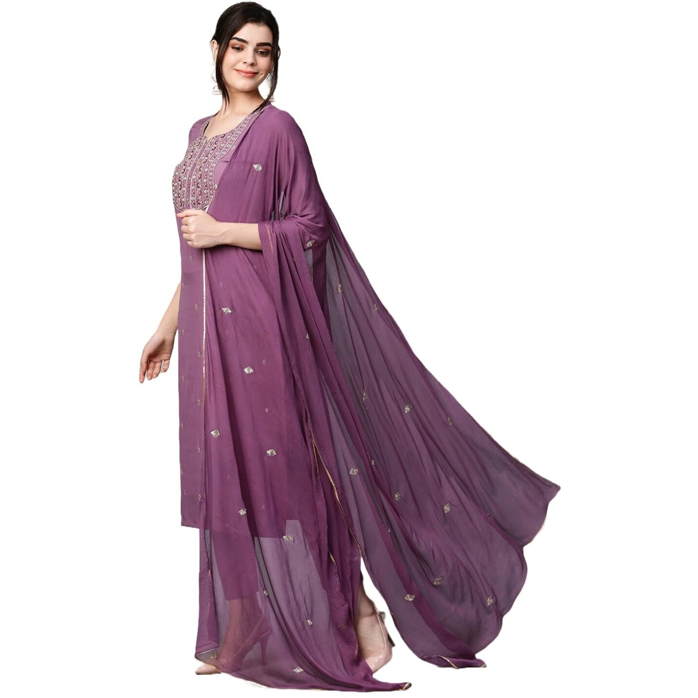 GoSriKi Women's Cotton Blend Embroidered Straight Kurta with Pant & Dupatta (Kasturi Purple-NGT-GS_XL_Purple_X-Large)