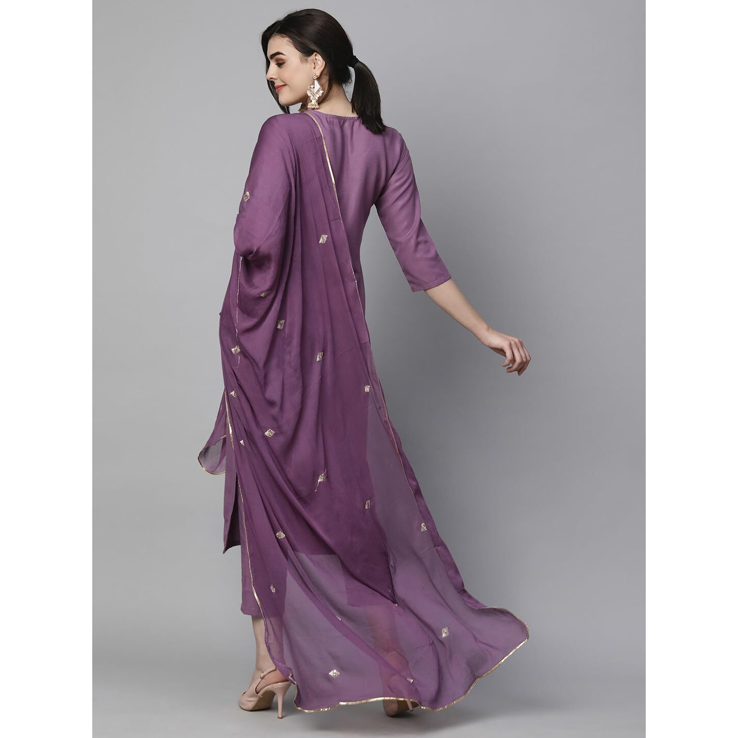 GoSriKi Women's Cotton Blend Embroidered Straight Kurta with Pant & Dupatta (Kasturi Purple-NGT-GS_XL_Purple_X-Large)