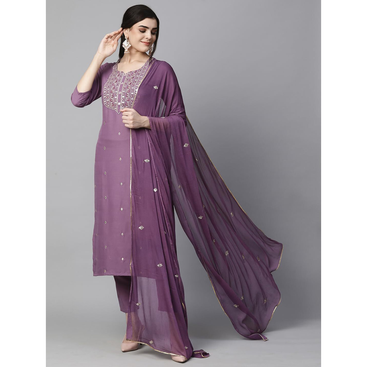 GoSriKi Women's Cotton Blend Embroidered Straight Kurta with Pant & Dupatta (Kasturi Purple-NGT-GS_XL_Purple_X-Large)