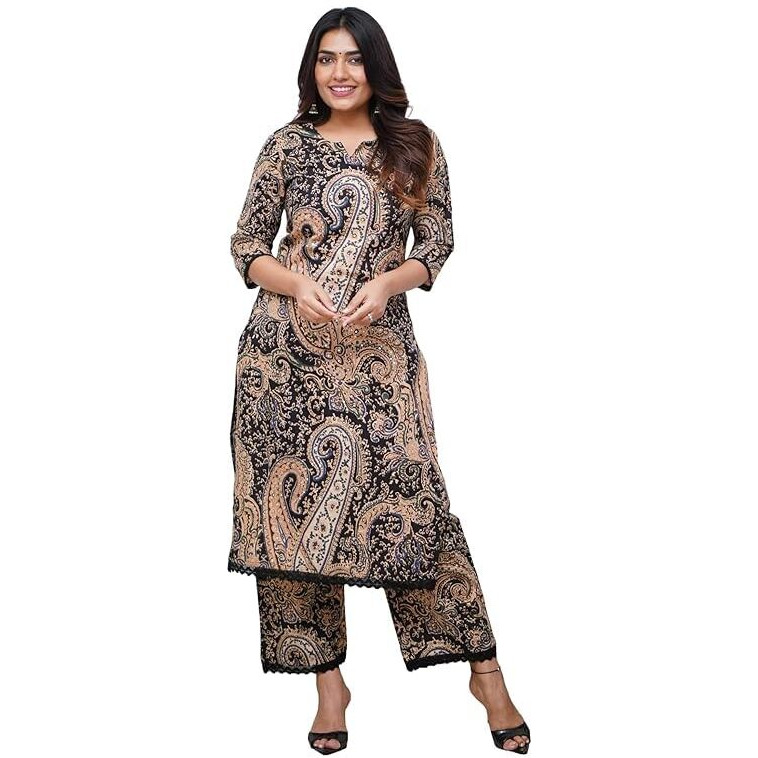 Nermosa Women Viscose Printed Straight Kurta Pant Set (in, Alpha, XL, Black)