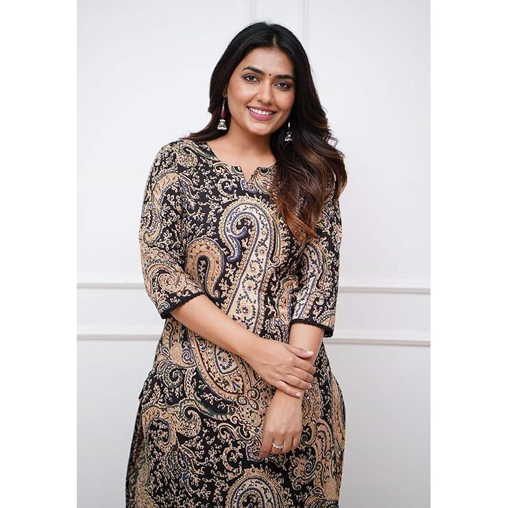 Nermosa Women Viscose Printed Straight Kurta Pant Set (in, Alpha, XL, Black)