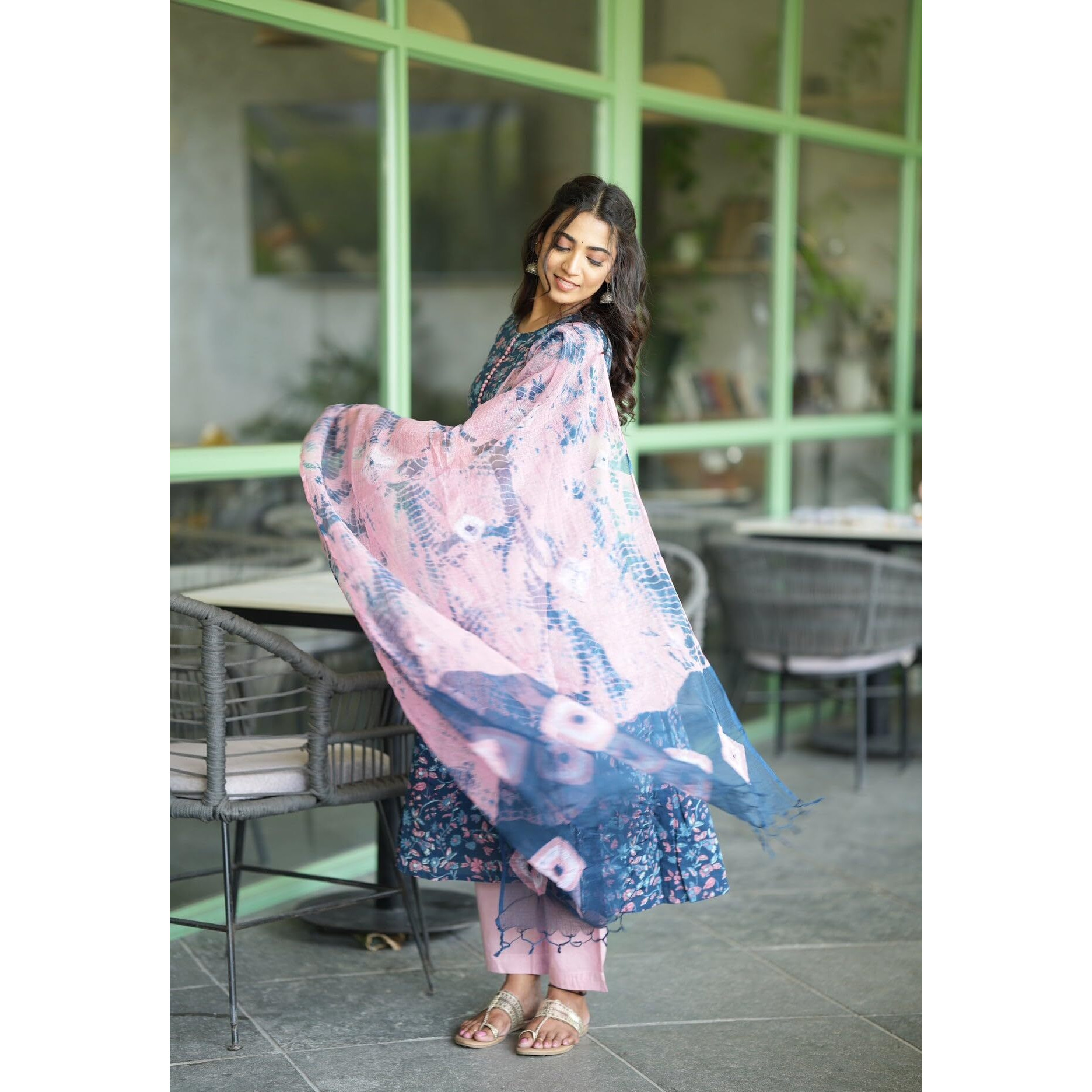GoSriKi Women's Cotton Blend Anarkali Printed Kurta with Pant & Dupatta (NINA KEROCIN-GS_L_Blue_Large)