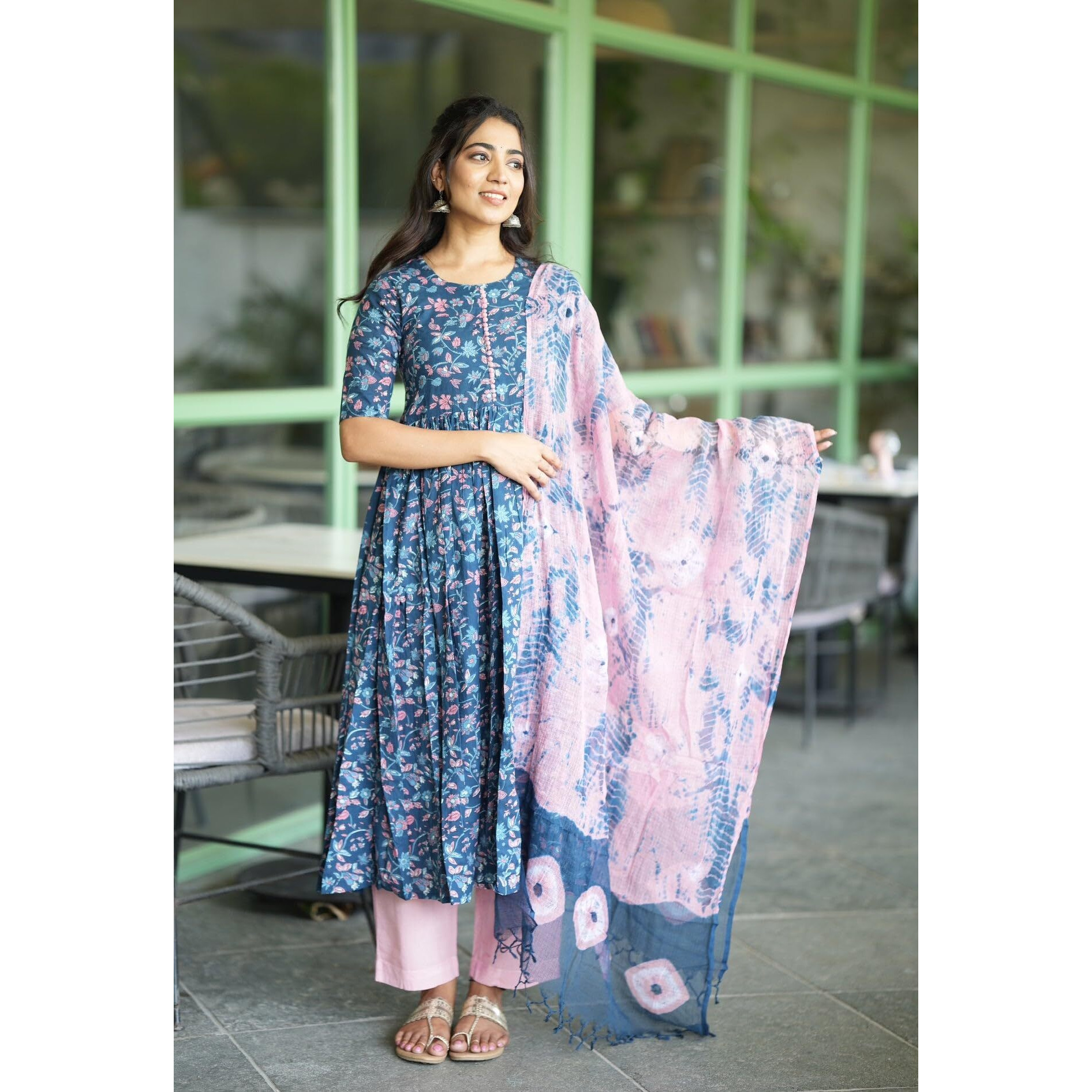 GoSriKi Women's Cotton Blend Anarkali Printed Kurta with Pant & Dupatta (NINA KEROCIN-GS_L_Blue_Large)