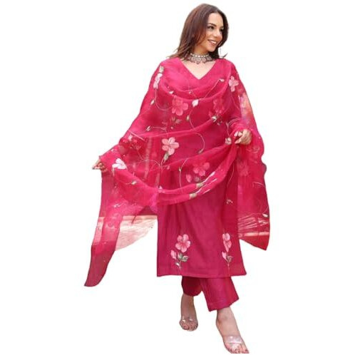 ANNI DESIGNER Women's Rayon Blend Straight Printed Kurta with Pant & Dupatta (ROKA Rani_XXL_Pink_XX-Large)