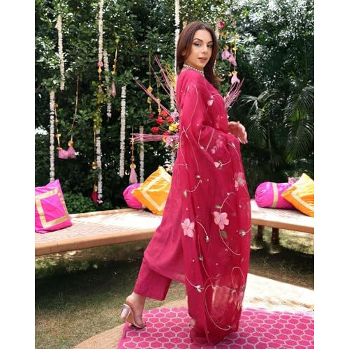 ANNI DESIGNER Women's Rayon Blend Straight Printed Kurta with Pant & Dupatta (ROKA Rani_XXL_Pink_XX-Large)