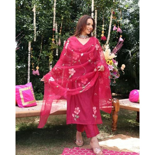 ANNI DESIGNER Women's Rayon Blend Straight Printed Kurta with Pant & Dupatta (ROKA Rani_XXL_Pink_XX-Large)
