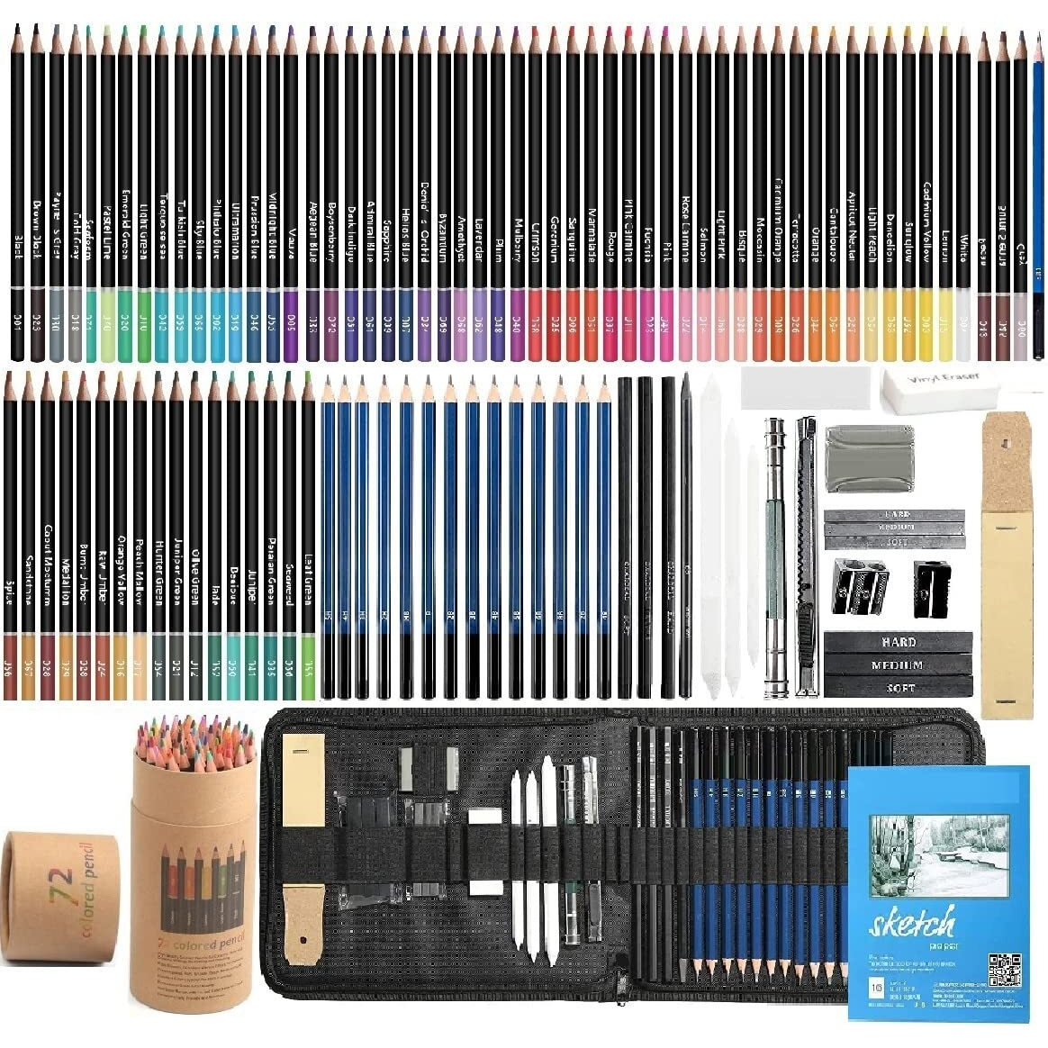 Corslet 110 Pc Sketching Kit for Artists | Drawing Pencils, A5 Sketch Book, 72-Color Pencils Set, Charcoal Pencil Set, and Supplies for Artist, Students and Adults (110)