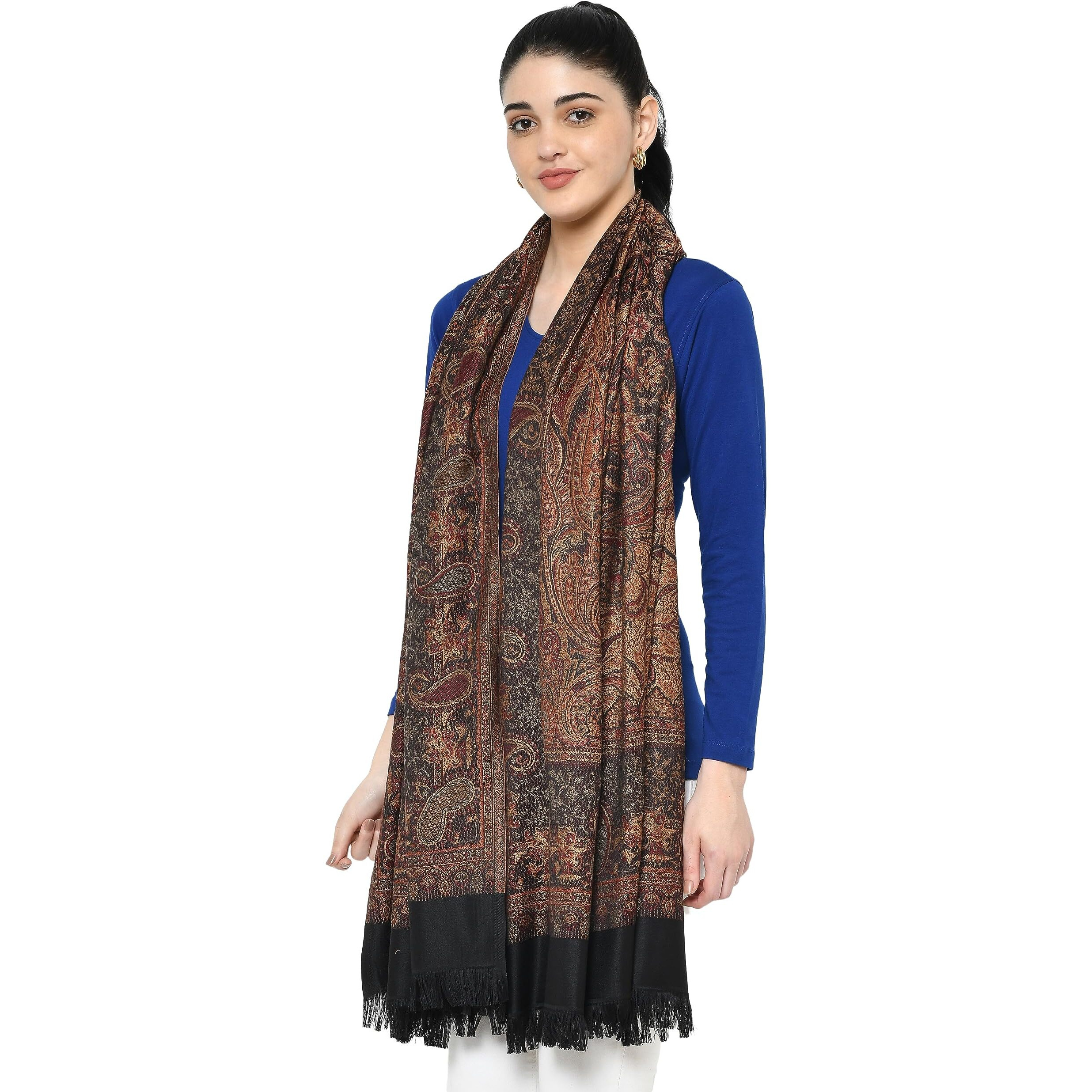 Weavers Villa - Women's Faux Pashmina Silk Paisley Design Black Shawls, Stoles (Black), 100cm X 200cm