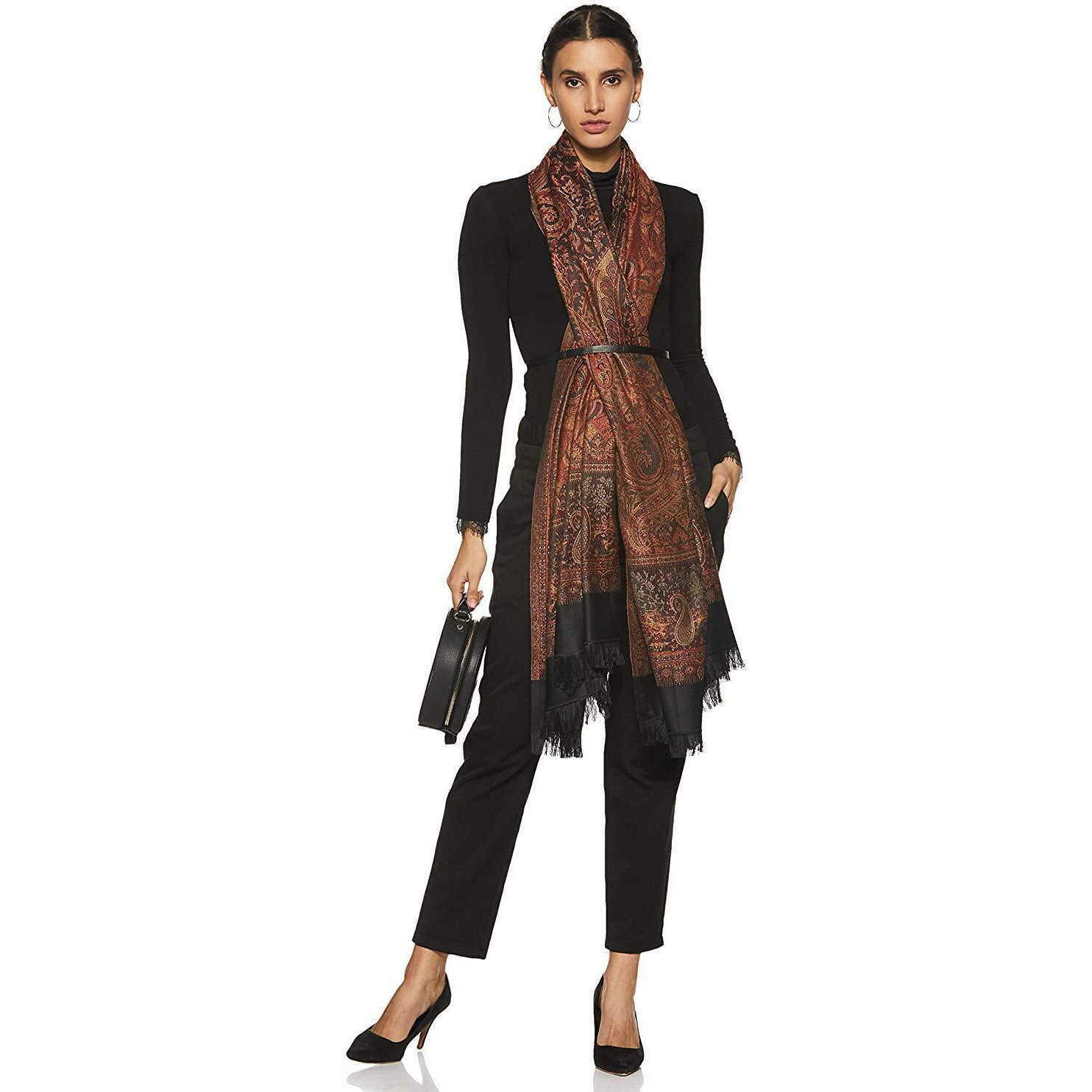 Weavers Villa - Women's Faux Pashmina Silk Paisley Design Black Shawls, Stoles (Black), 100cm X 200cm