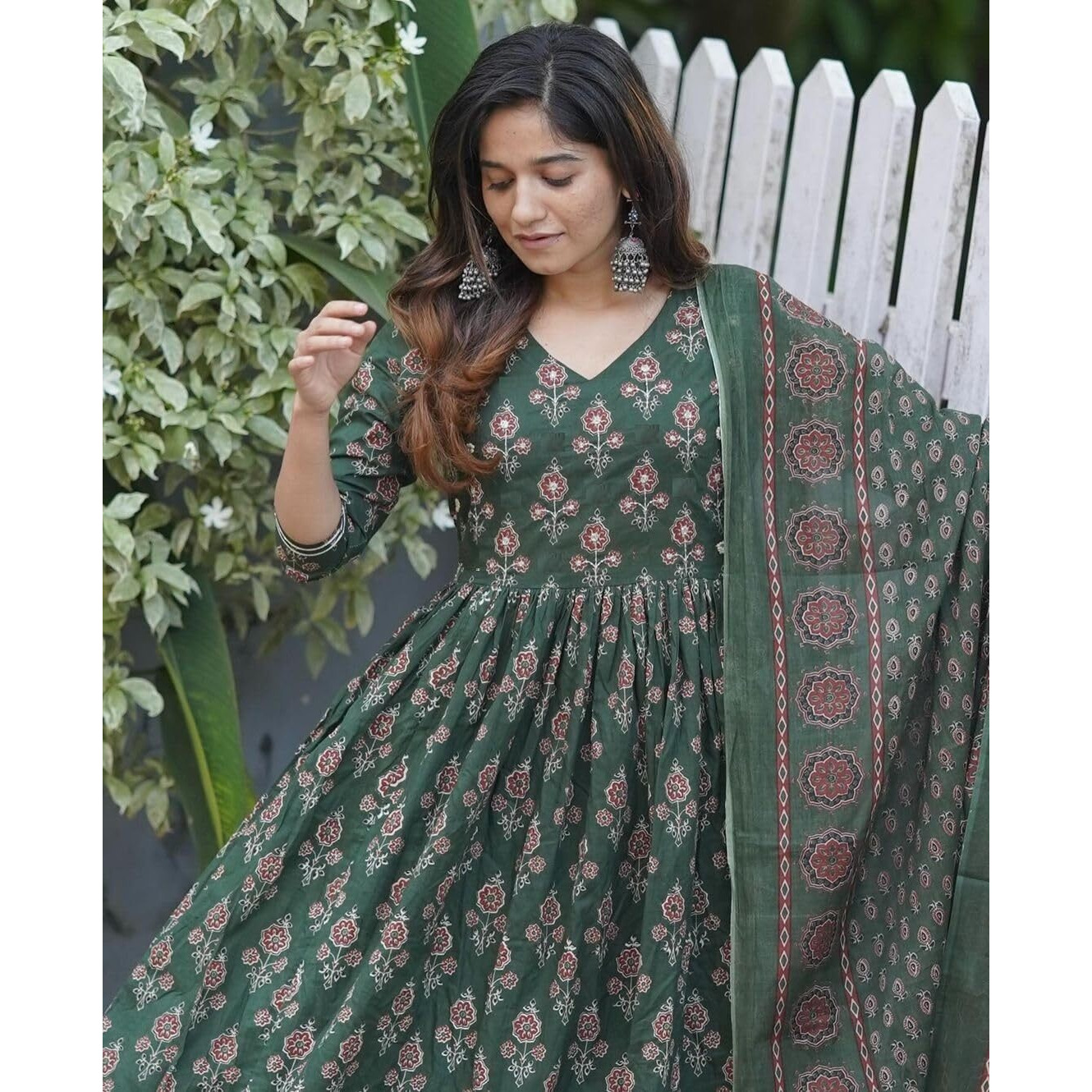 Nermosa Women Printed Flared A-Line Kurta with Pant and Dupatta Suit Set | Kurta Set (IN, Alpha, XL, Green)