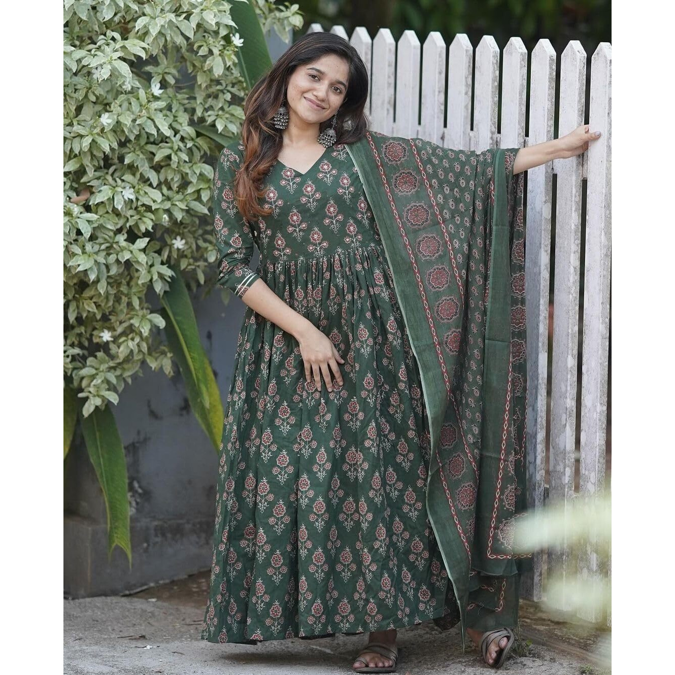 Nermosa Women Printed Flared A-Line Kurta with Pant and Dupatta Suit Set | Kurta Set (IN, Alpha, XL, Green)