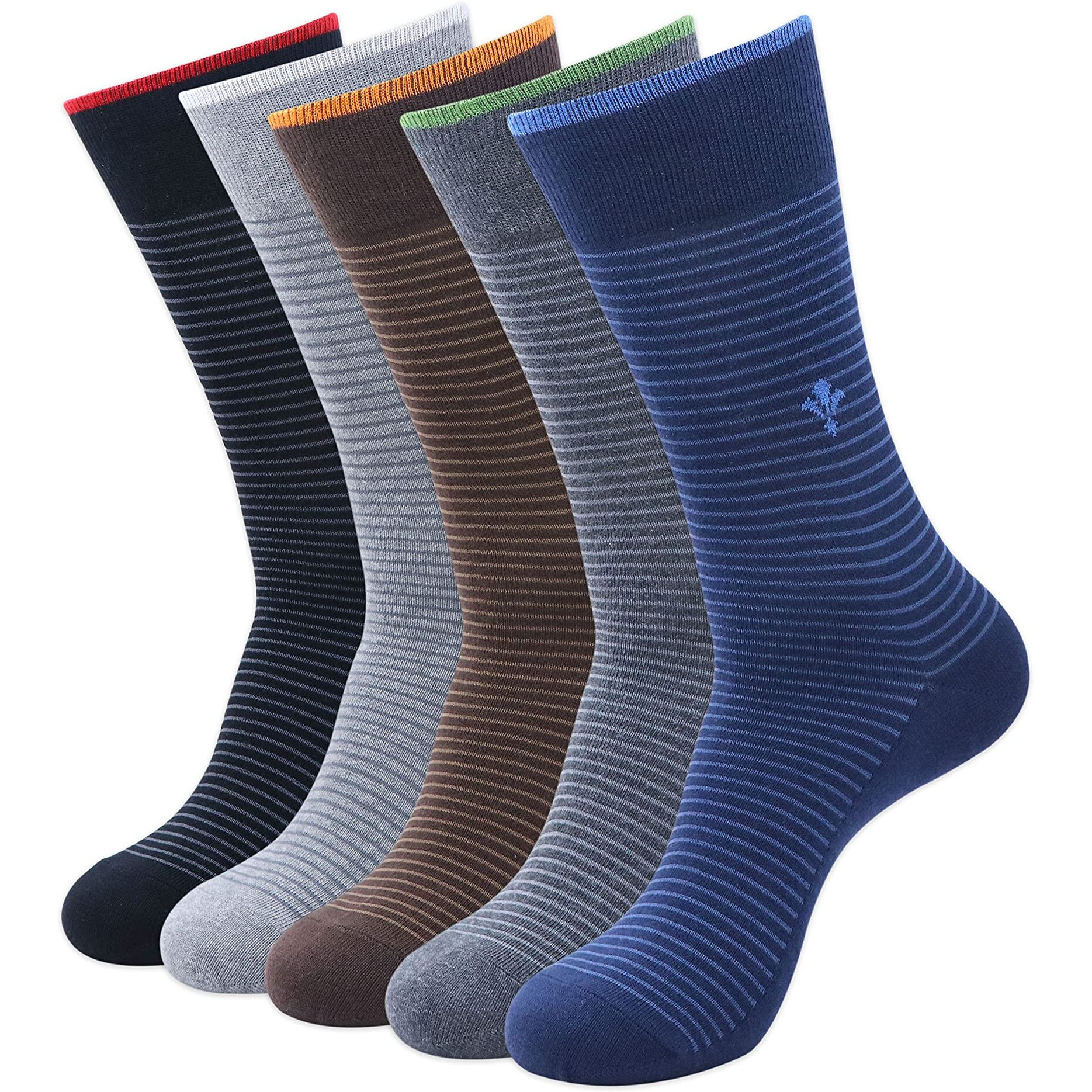 BALENZIA Men's Solid Colored Formal Crew/Calf Length Socks (Free Size) Made with Cotton & Spandex - Combo Pack of 5 (Black, L.Grey, D.Grey, Brown, Navy)